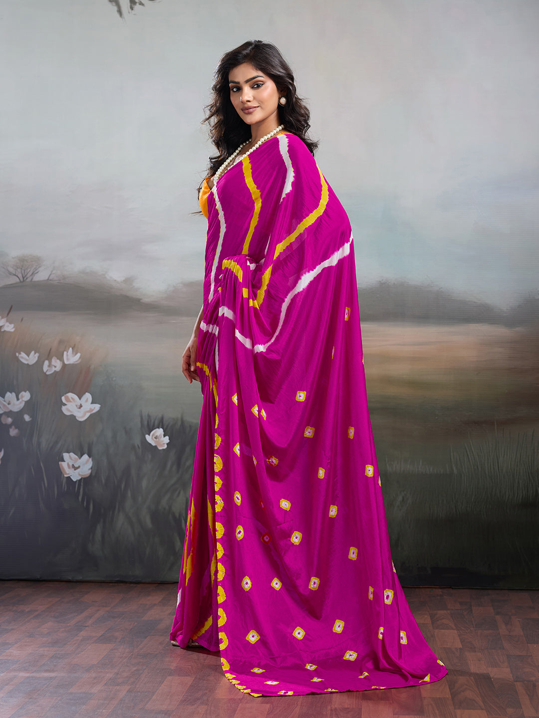 Jaipuri Traditional ChinonBandhani Saree with lehariya style under 1000