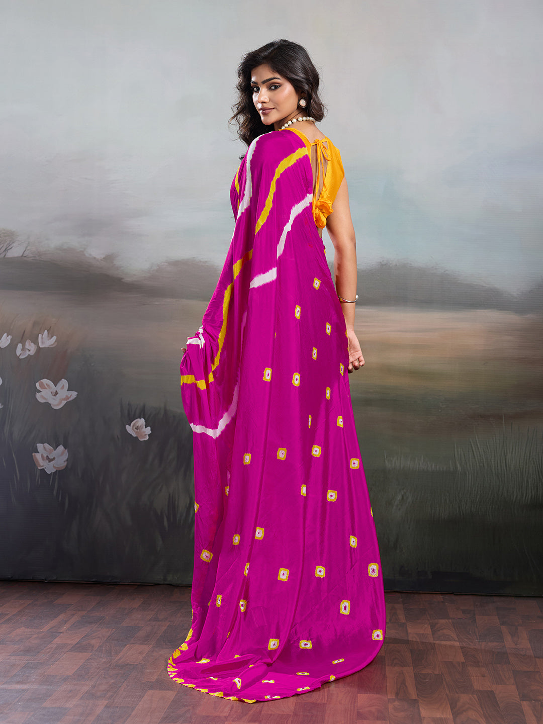 Jaipuri Traditional ChinonBandhani Saree with lehariya style under 1000