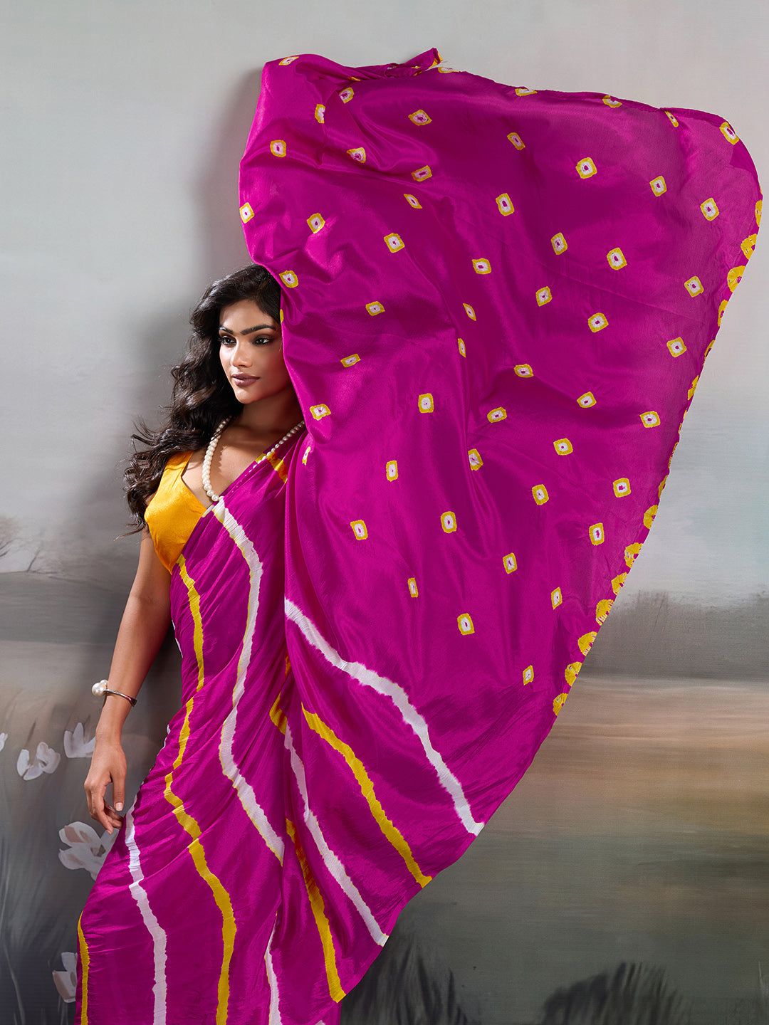 Jaipuri Traditional ChinonBandhani Saree with lehariya style under 1000