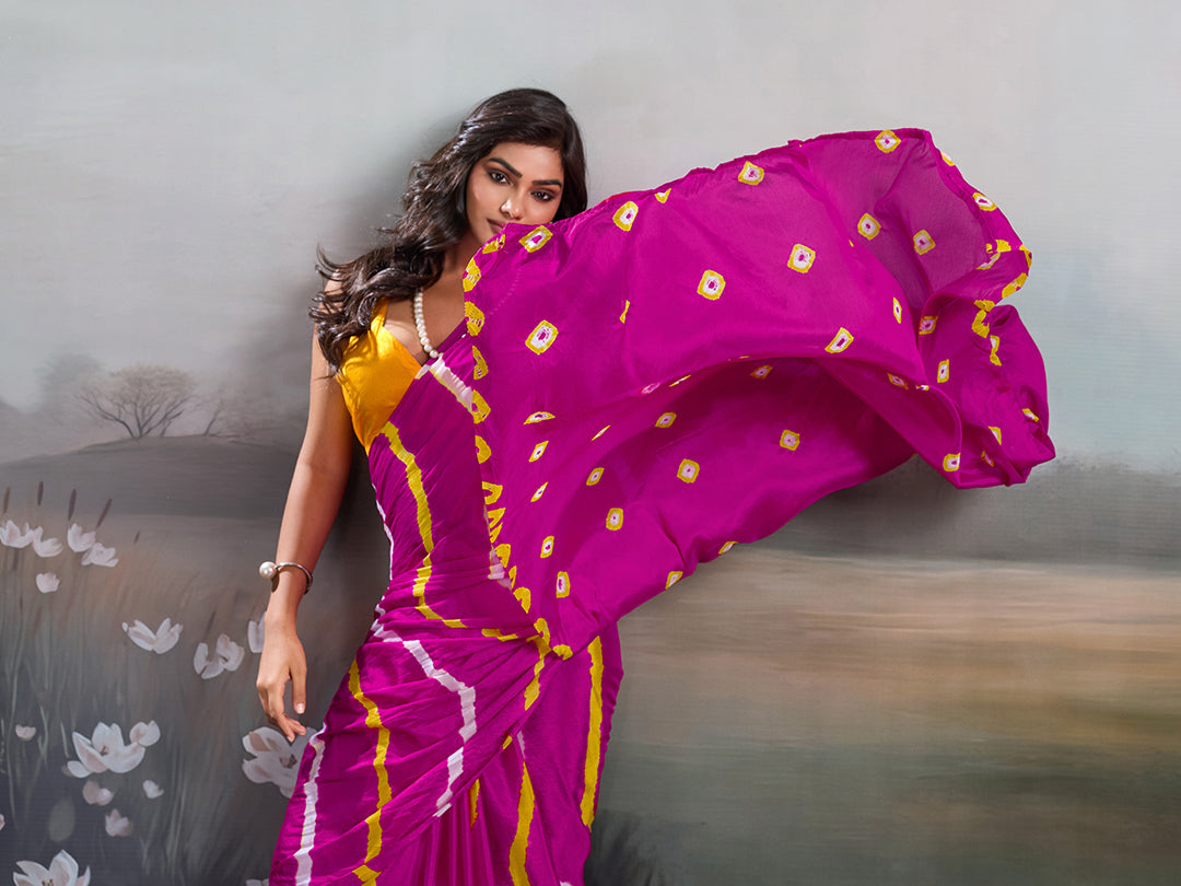Jaipuri Traditional ChinonBandhani Saree with lehariya style under 1000