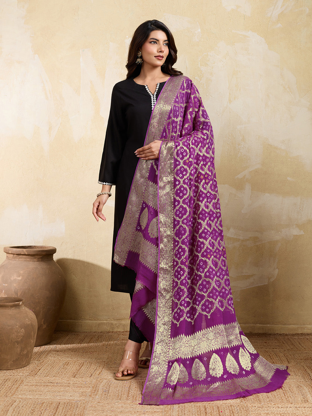 KcPc Pure Georgette Banarasi Bandhani Dupatta Purple