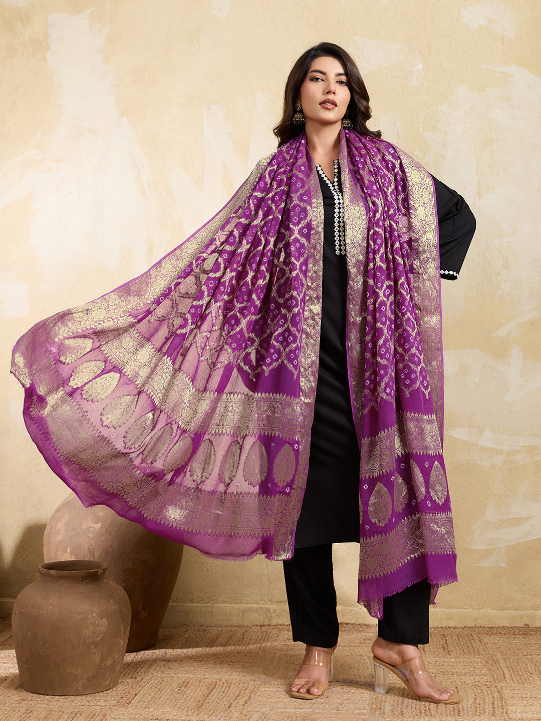 KcPc Pure Georgette Banarasi Bandhani Dupatta Purple
