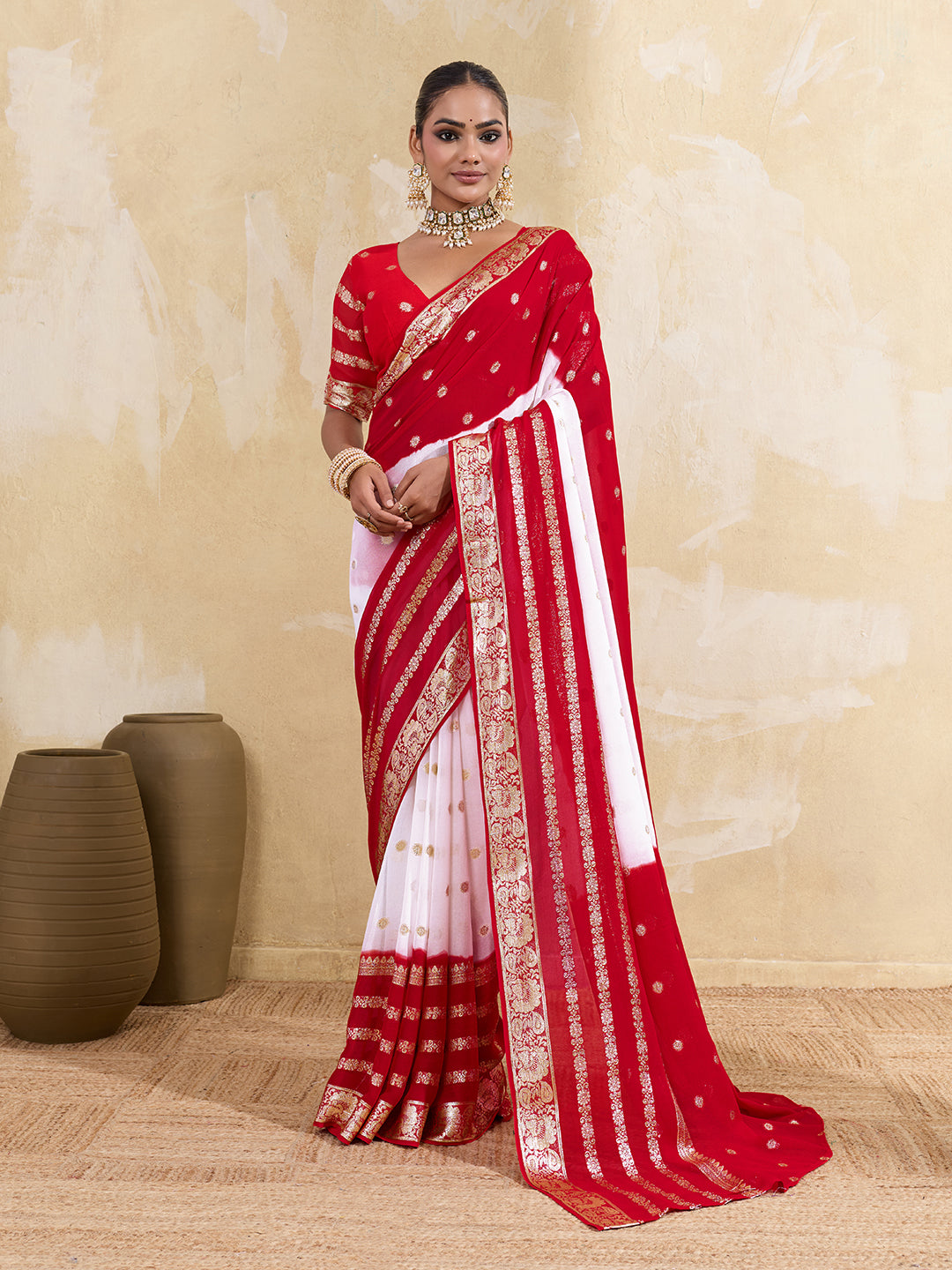 Buy traditional red and white colour saree for gurga poojaKcpc