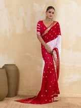 traditional red and white colour saree for gurga pooja