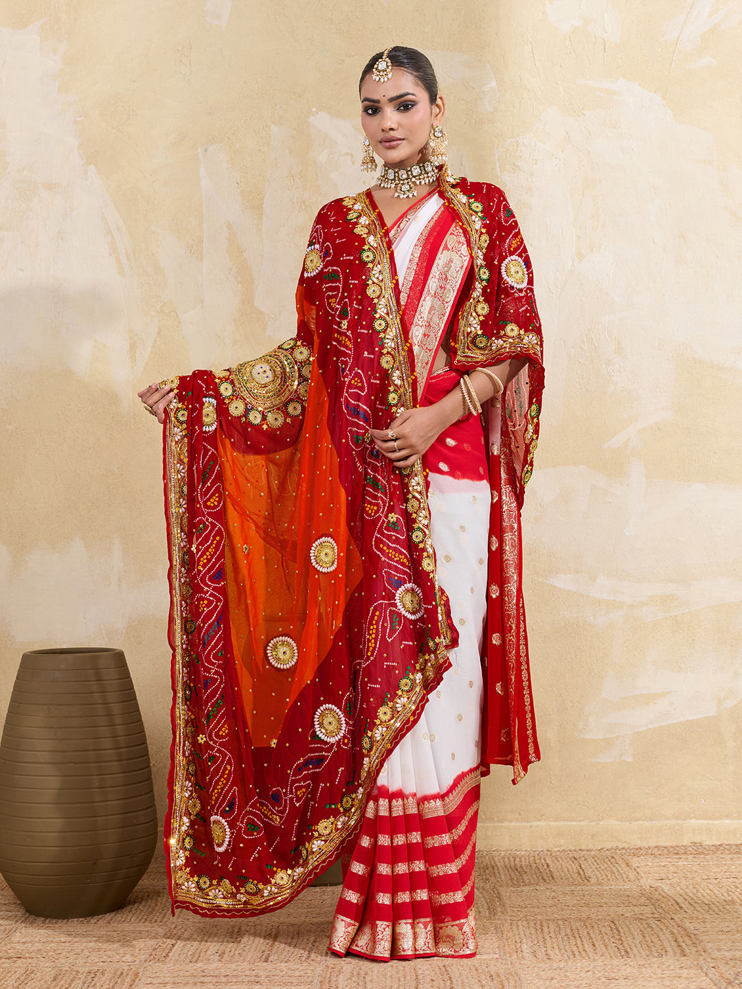 KcPc Pure Georgette Rajasthani Chunri DupattasRed Orange pilaAJM