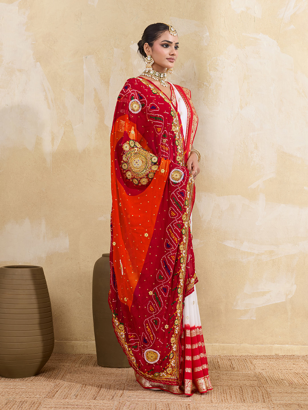 KcPc Pure Georgette Rajasthani Chunri DupattasRed Orange pilaAJM