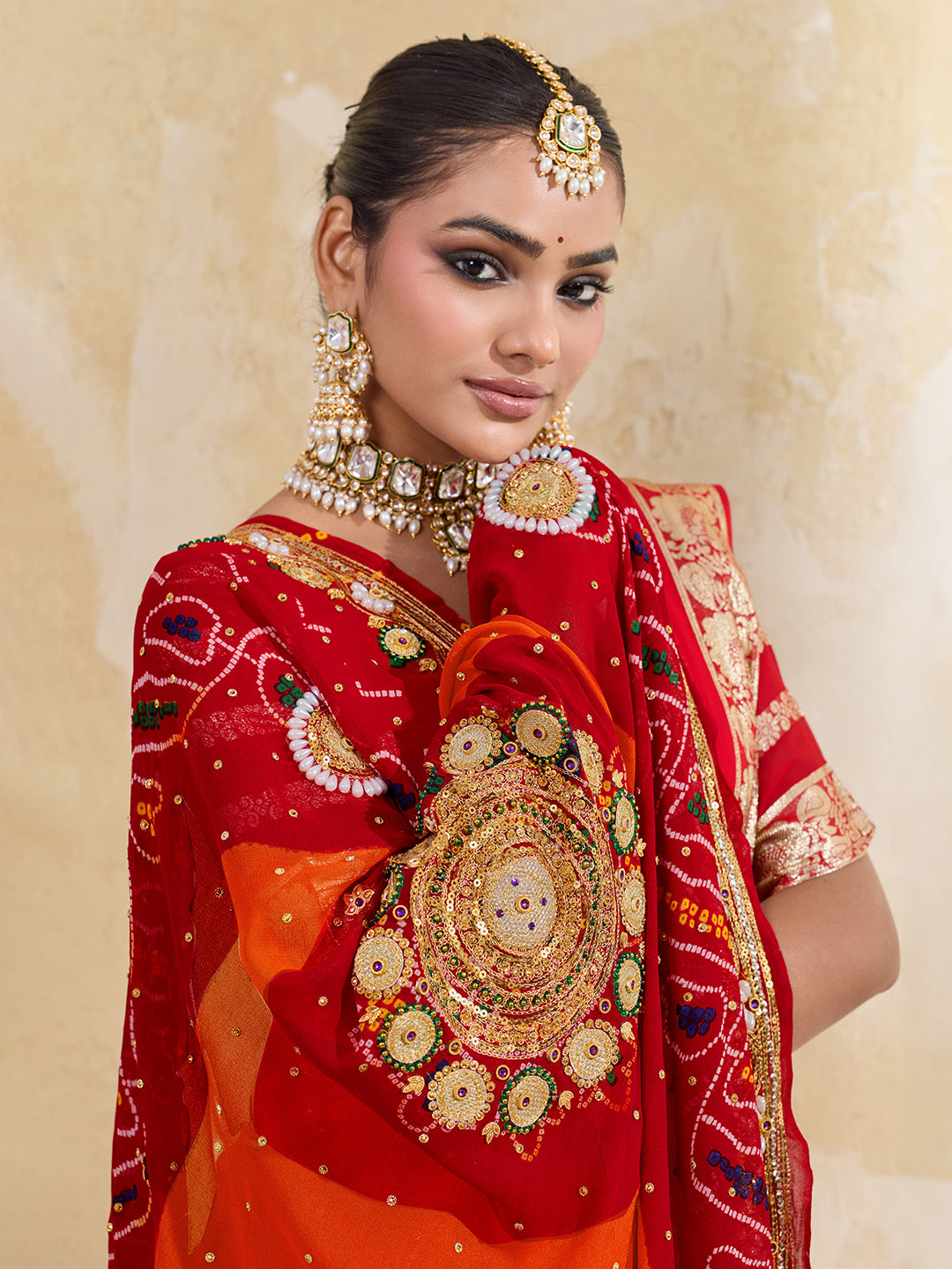 KcPc Pure Georgette Rajasthani Chunri DupattasRed Orange pilaAJM