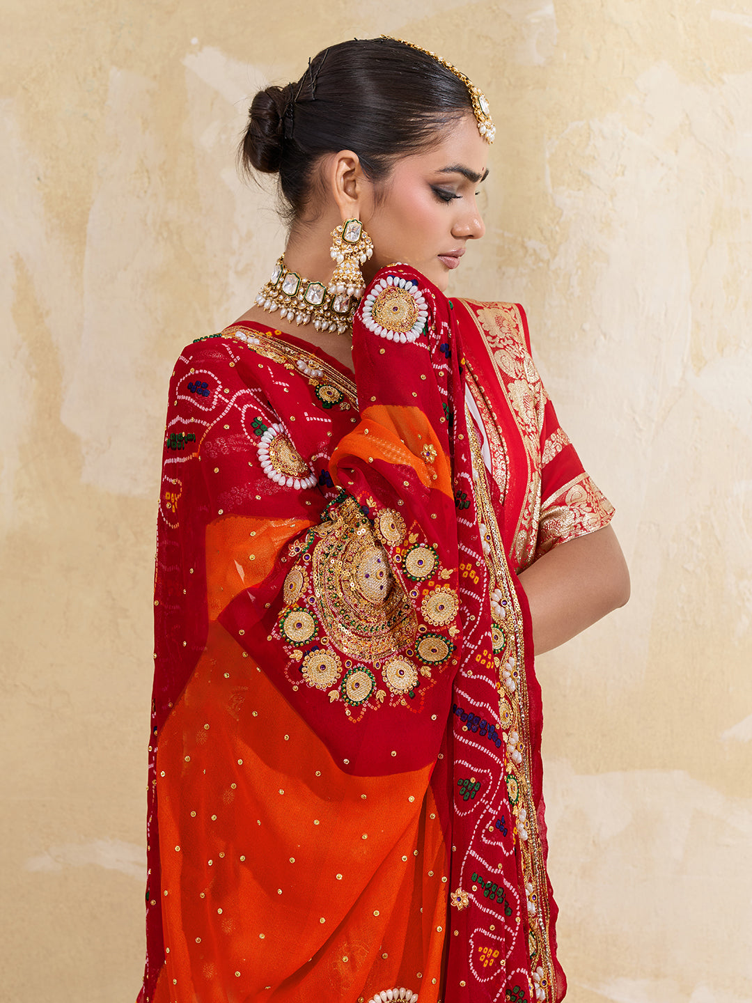 KcPc Pure Georgette Rajasthani Chunri DupattasRed Orange pilaAJM