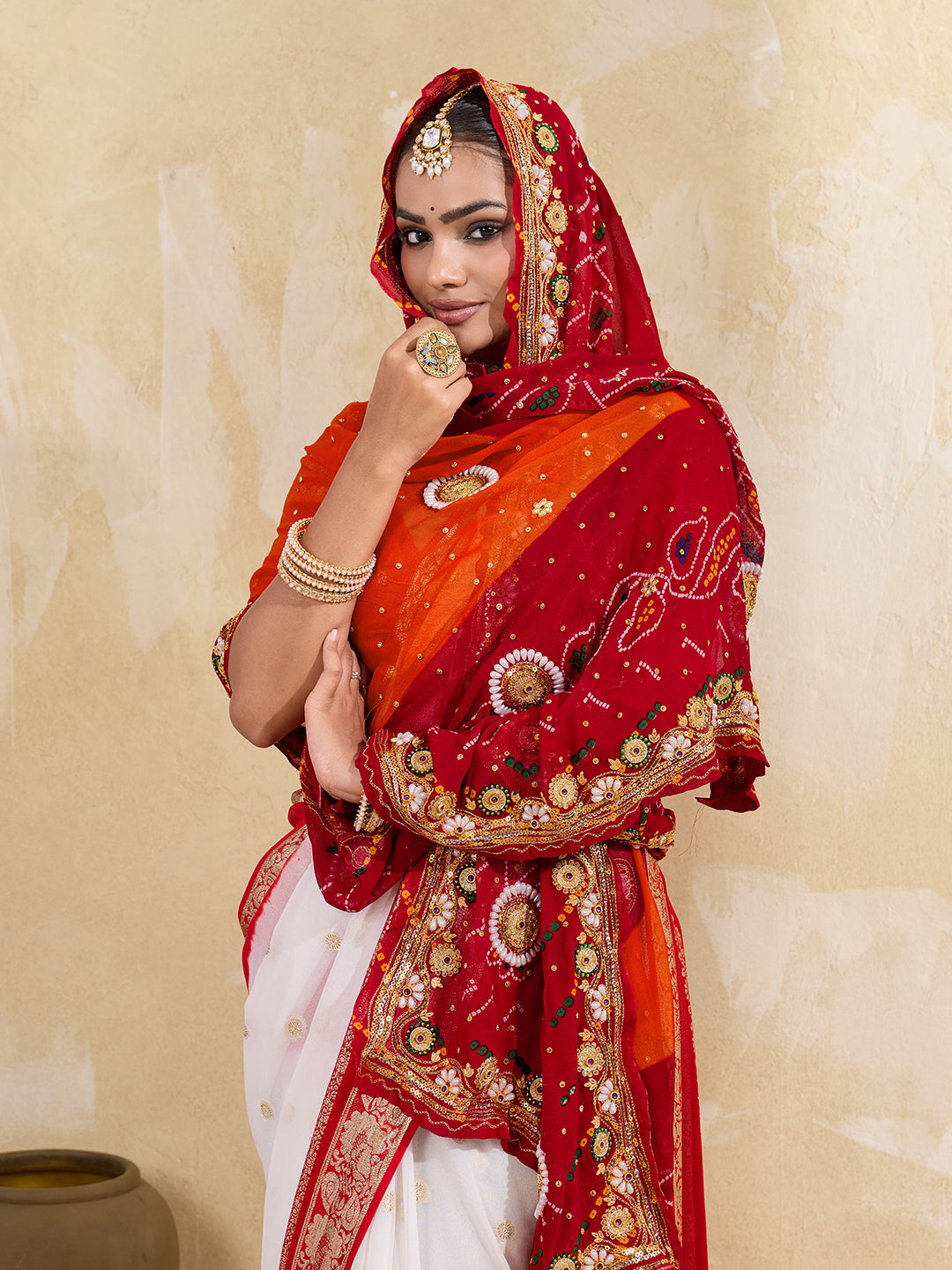 KcPc Pure Georgette Rajasthani Chunri DupattasRed Orange pilaAJM