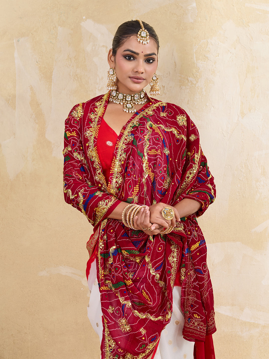 KcPc Rajasthani Marwadi Chunri dupatta stone work Handmade bandhej