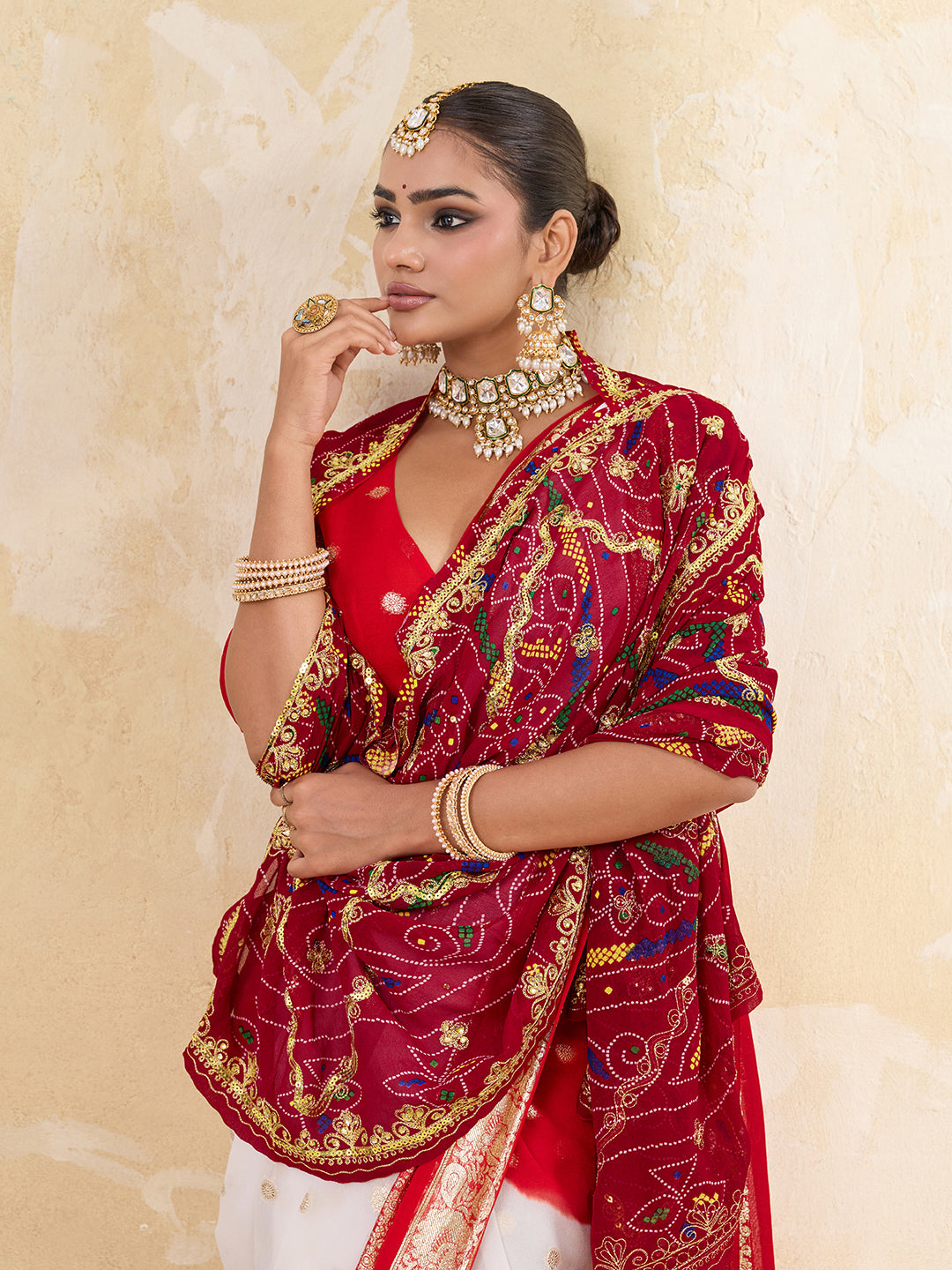 KcPc Rajasthani Marwadi Chunri dupatta stone work Handmade bandhej