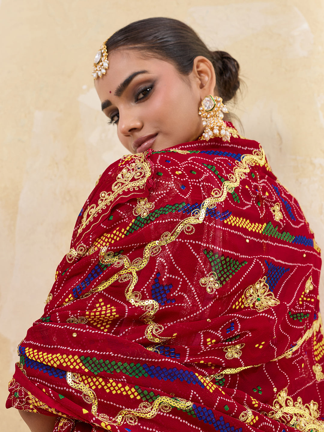KcPc Rajasthani Marwadi Chunri dupatta stone work Handmade bandhej