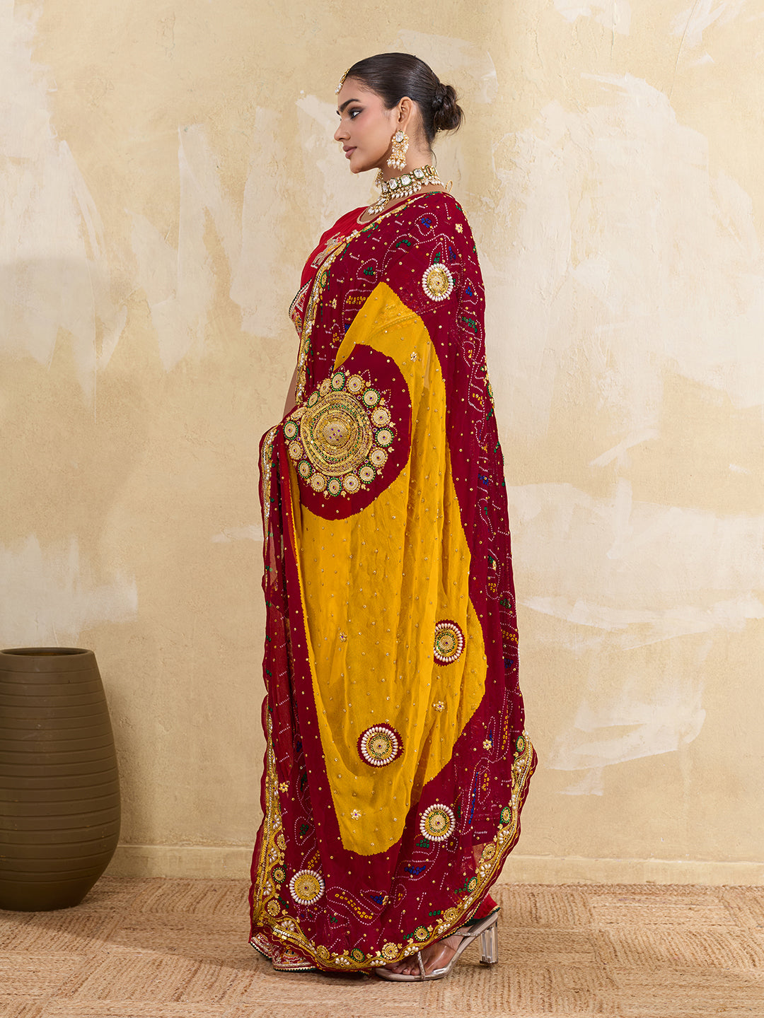 KcPc Pure Georgette Rajasthani Chunri DupattasRed Lemon PomchaAJM