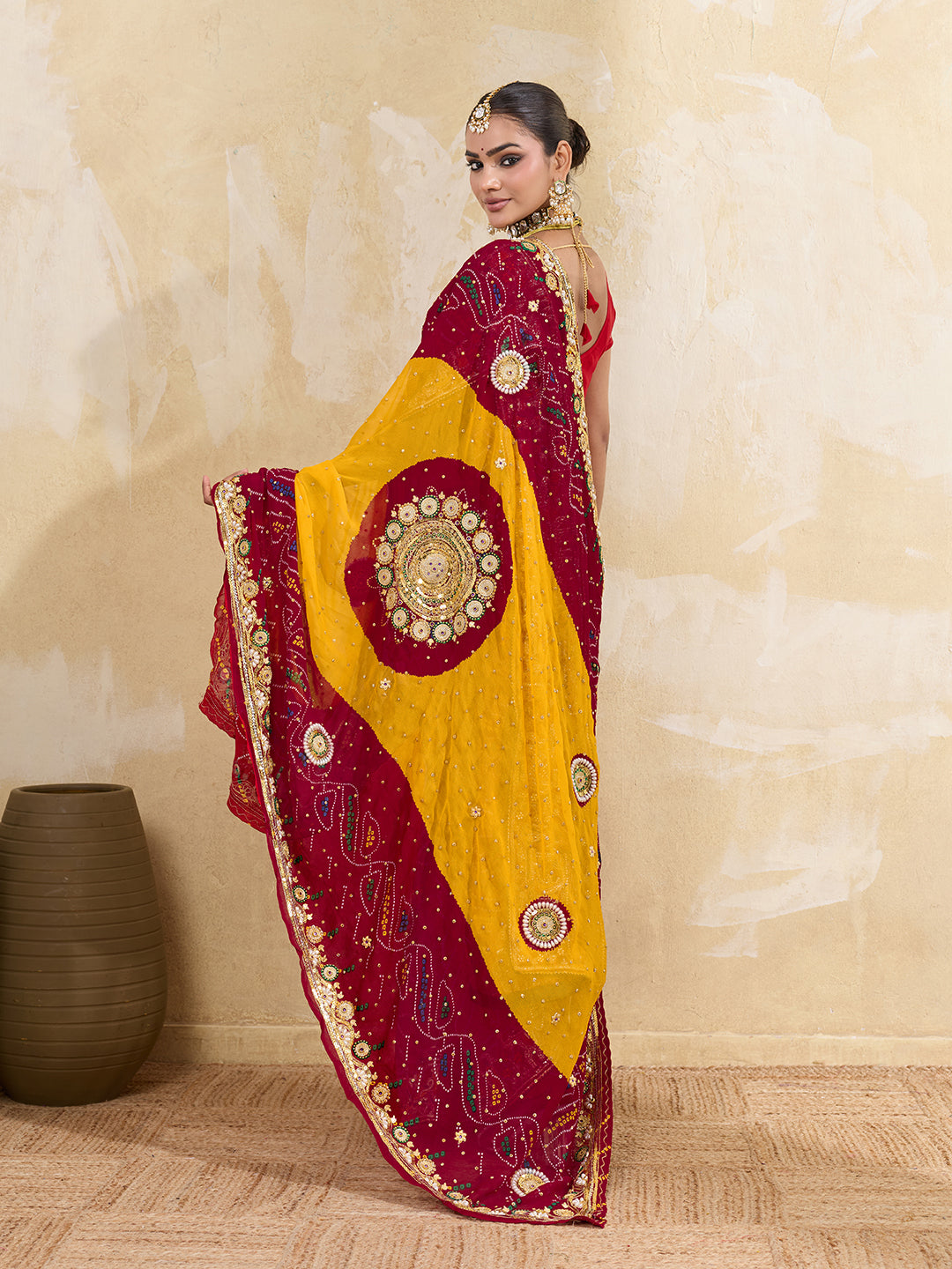 KcPc Pure Georgette Rajasthani Chunri DupattasRed Lemon PomchaAJM