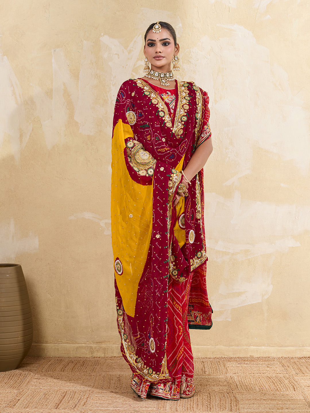 KcPc Pure Georgette Rajasthani Chunri DupattasRed Lemon PomchaAJM