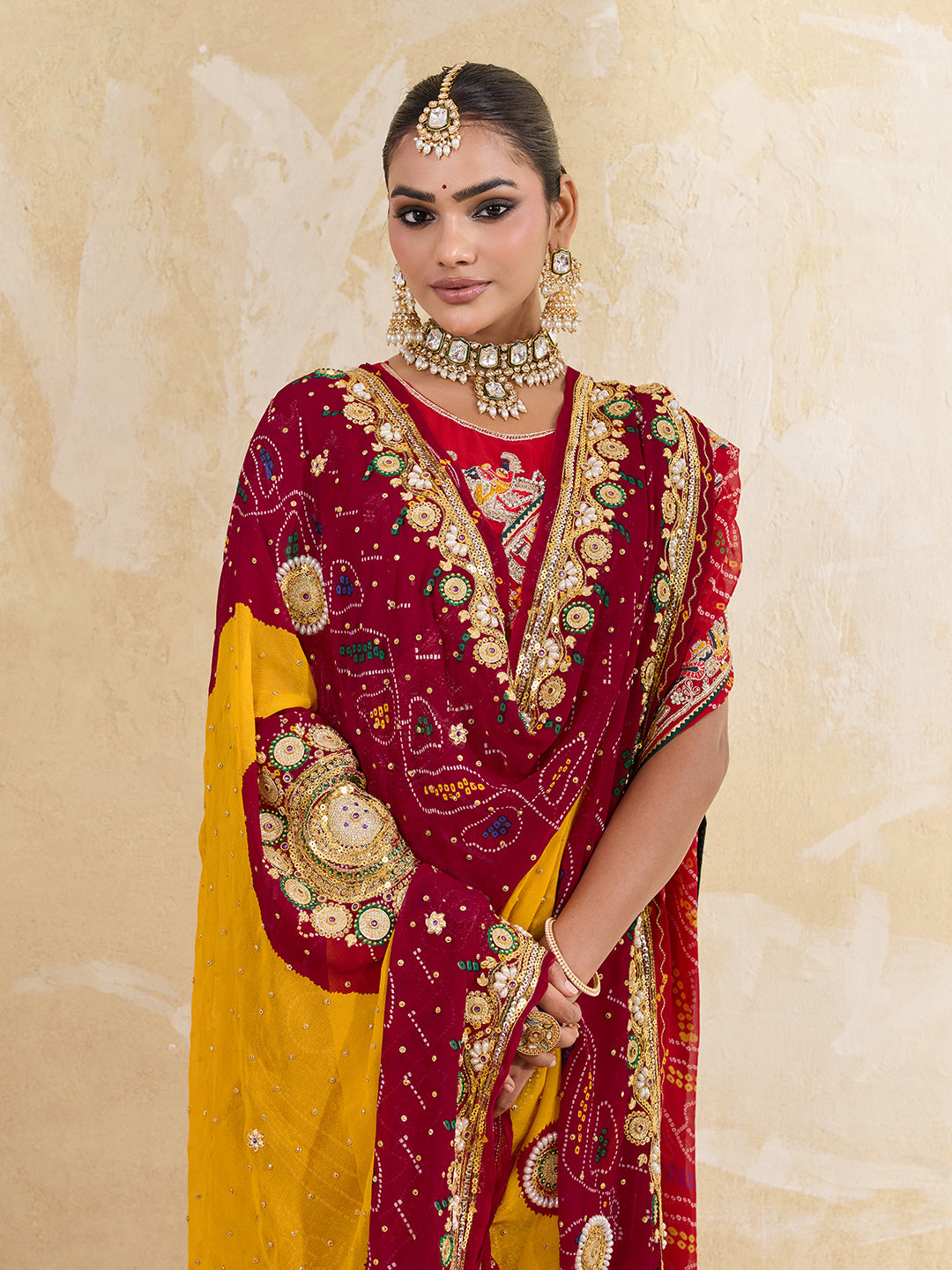 KcPc Pure Georgette Rajasthani Chunri DupattasRed Lemon PomchaAJM