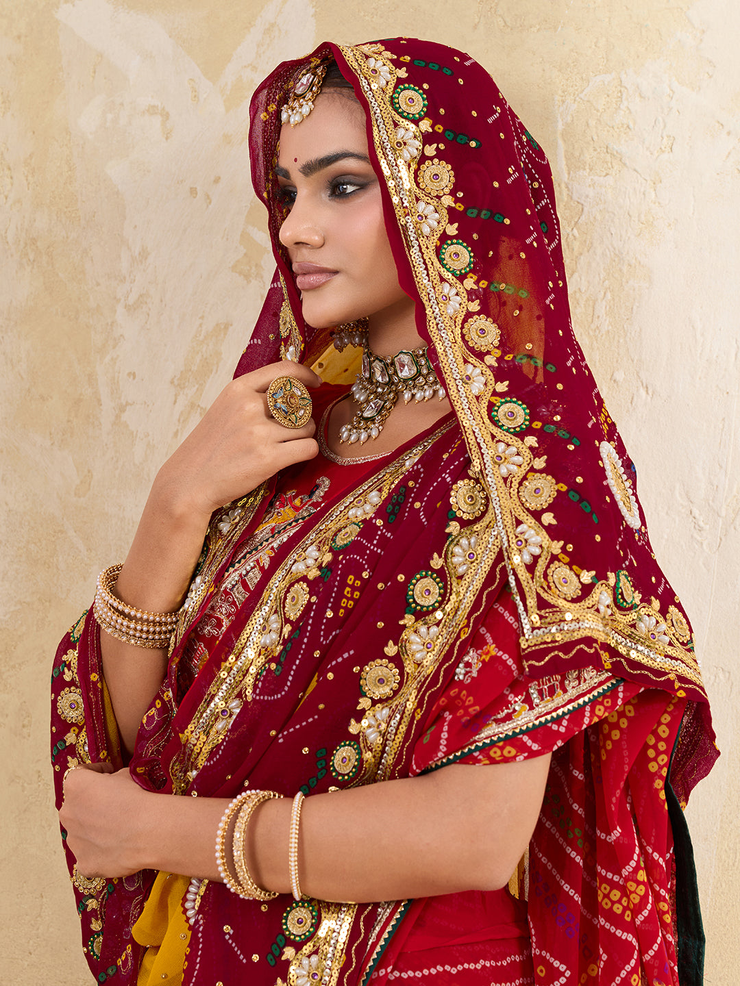 KcPc Pure Georgette Rajasthani Chunri DupattasRed Lemon PomchaAJM