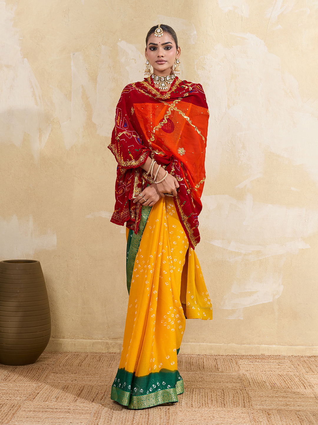 KcPc Pure Georgette Handmade Bandhej With Zari Thread Work Rajasthani Chunri (Piliya)