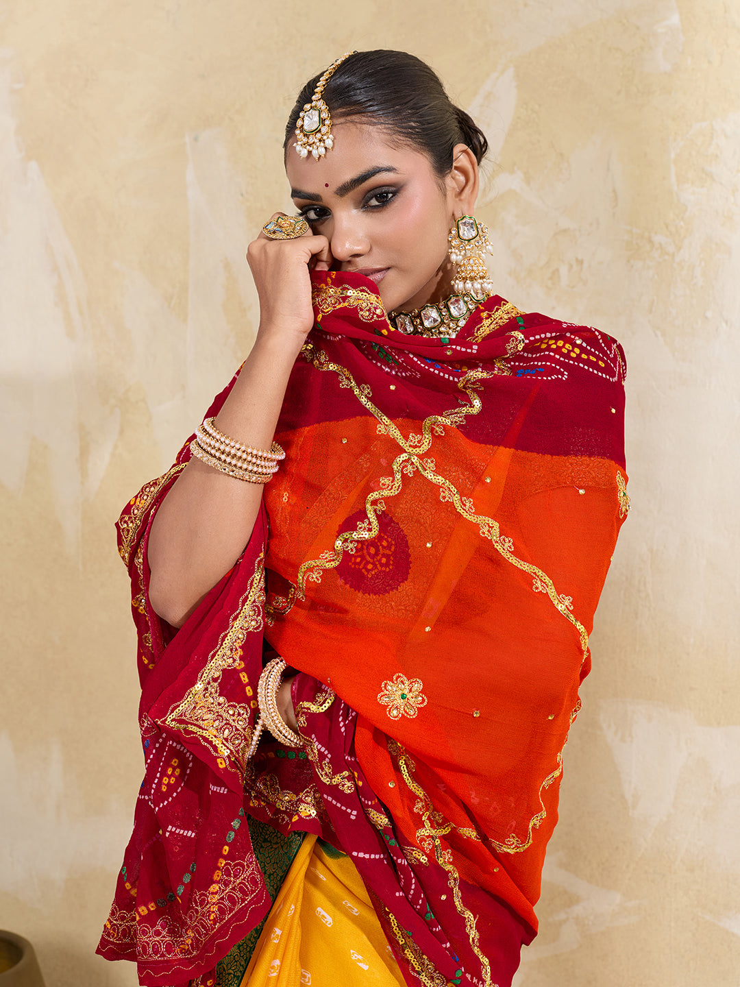 KcPc Pure Georgette Handmade Bandhej With Zari Thread Work Rajasthani Chunri (Piliya)