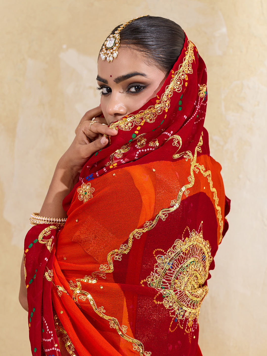 KcPc Pure Georgette Handmade Bandhej With Zari Thread Work Rajasthani Chunri (Piliya)
