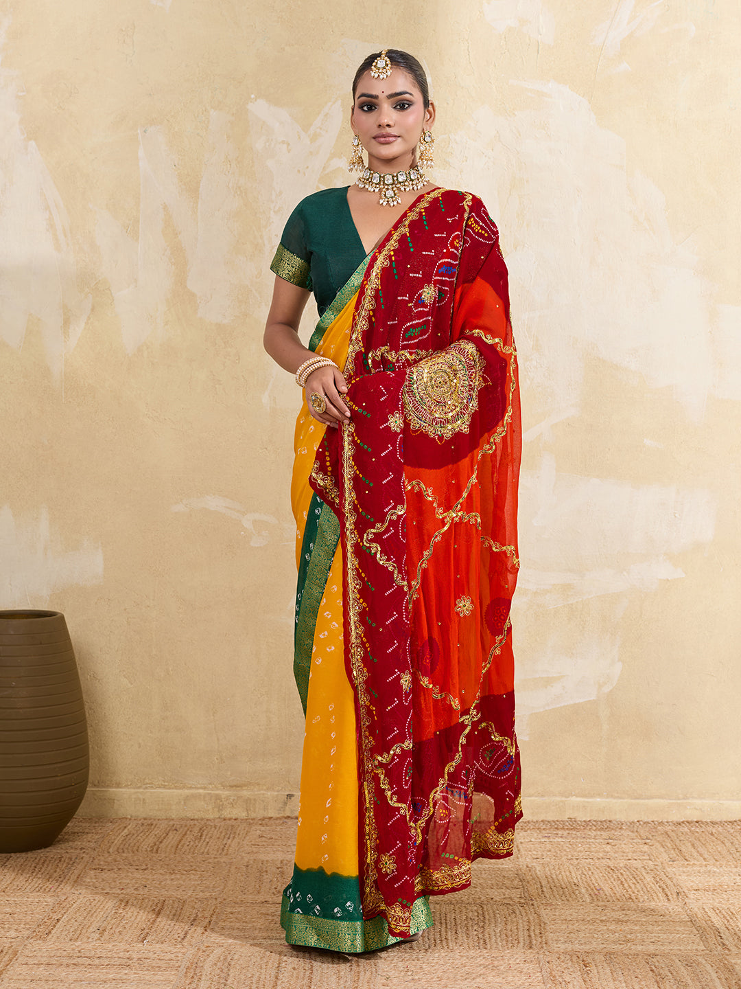 KcPc Pure Georgette Handmade Bandhej With Zari Thread Work Rajasthani Chunri (Piliya)