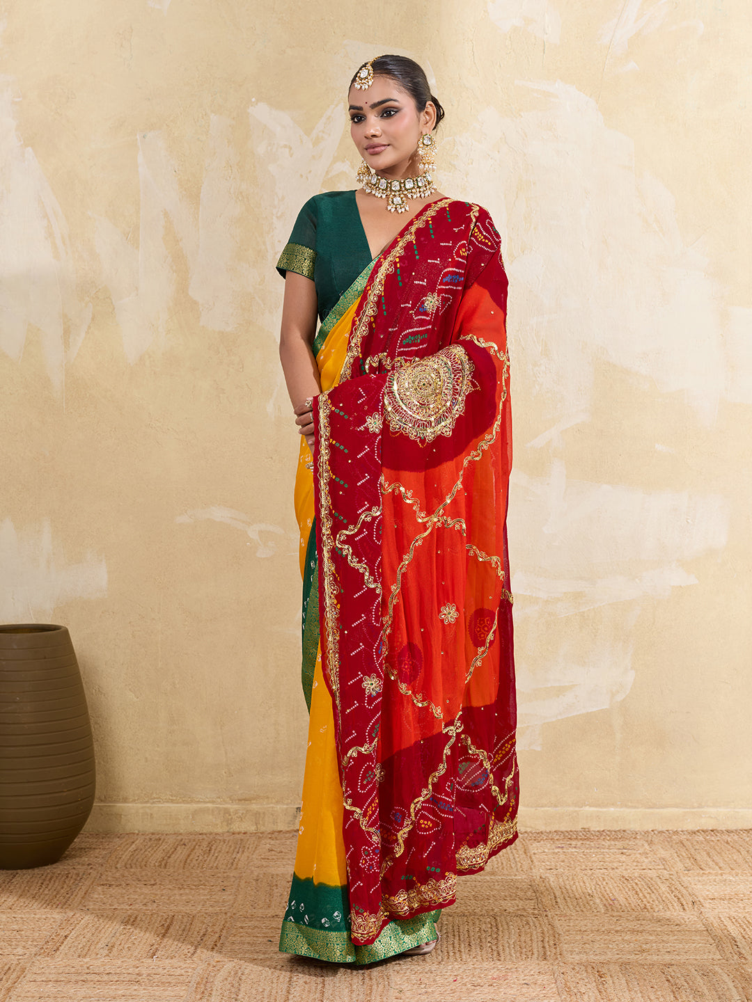 KcPc Pure Georgette Handmade Bandhej With Zari Thread Work Rajasthani Chunri (Piliya)