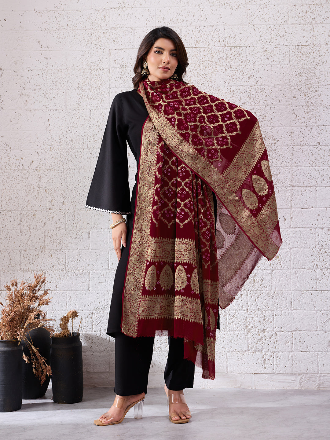 KcPc Pure Georgette Banarasi Bandhani Dupatta Mehroon