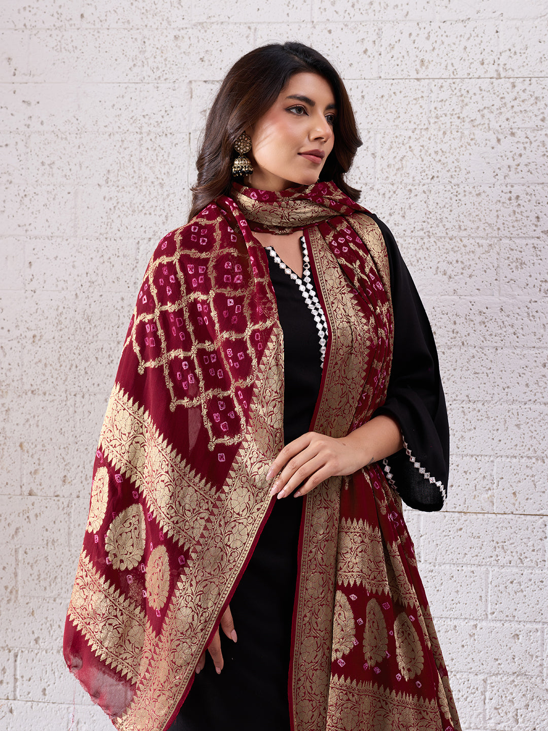 KcPc Pure Georgette Banarasi Bandhani Dupatta Mehroon