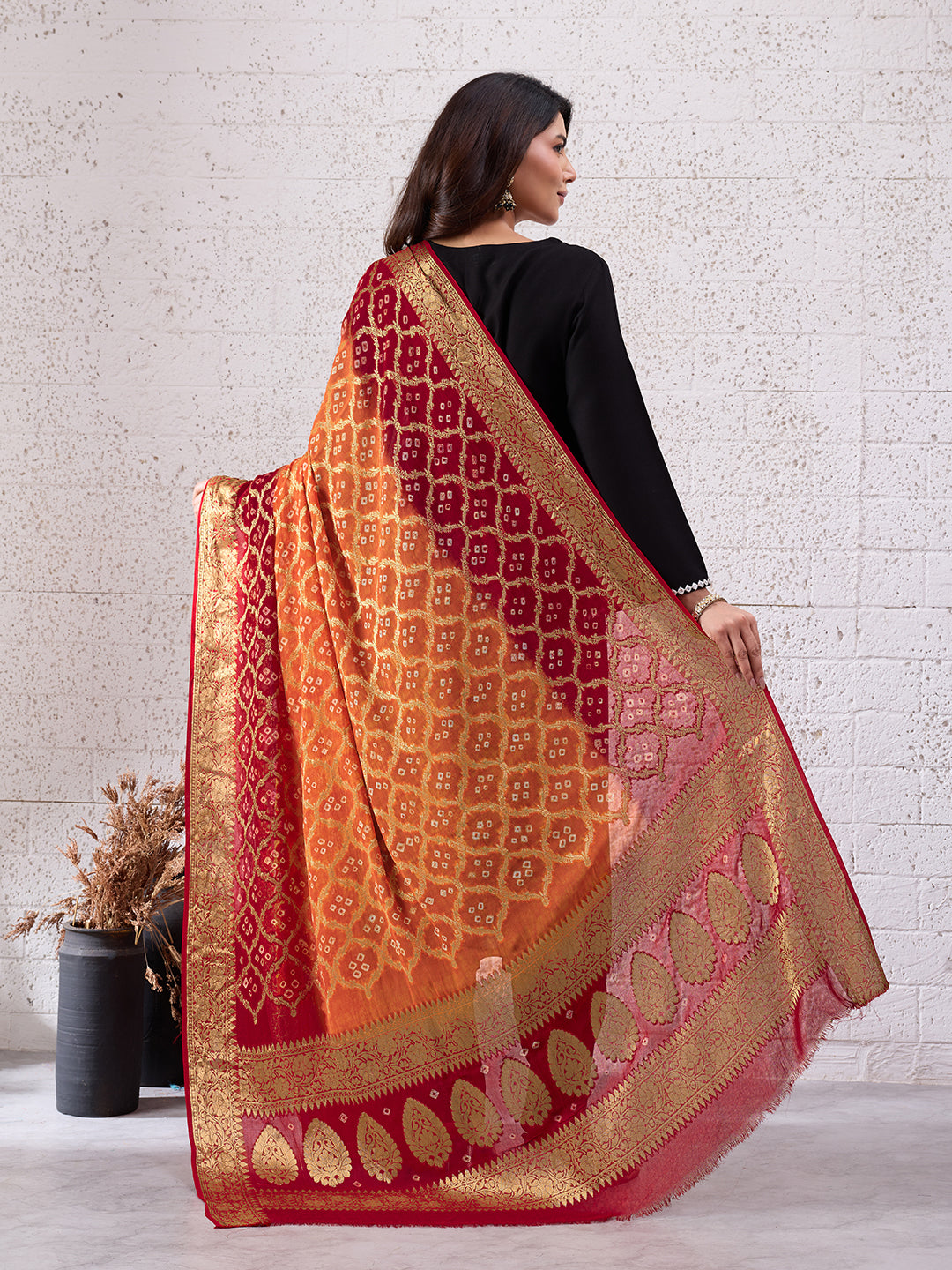 KcPc Pure Georgette Banarasi Bandhani Dupatta Red Orange