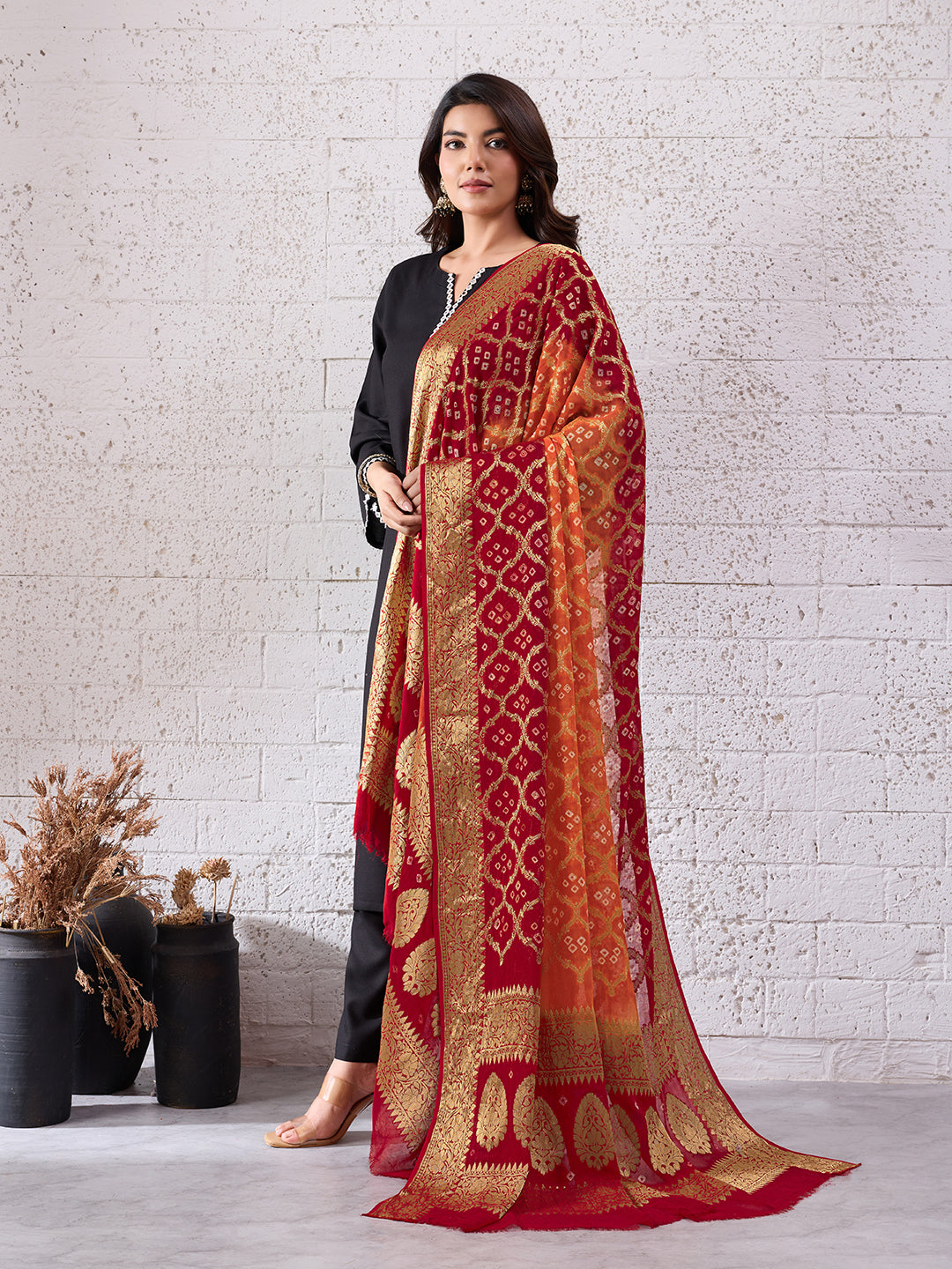 KcPc Pure Georgette Banarasi Bandhani Dupatta Red Orange