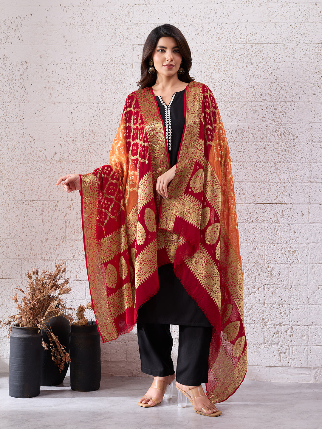 KcPc Pure Georgette Banarasi Bandhani Dupatta Red Orange