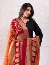 KcPc Pure Georgette Banarasi Bandhani Dupatta Red Orange