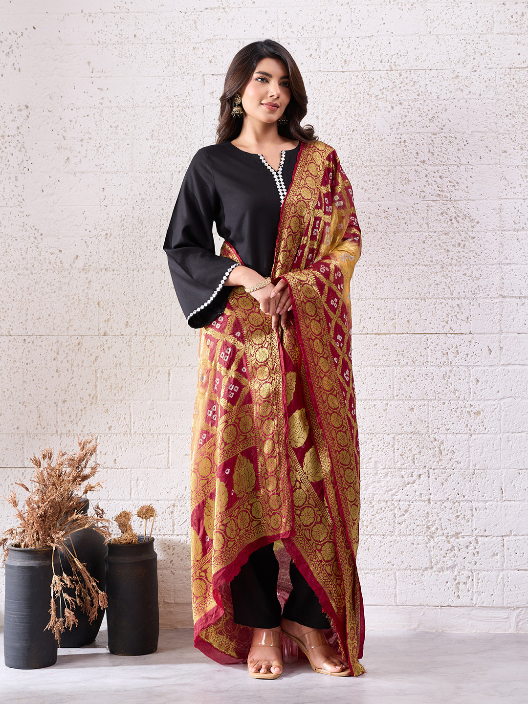 KcPc Banarasi Bandhej Gharchola Dupattas, OR, KC Gold RedKcPc Special Silk Bandhani Dupatta with Handmade WorkSA