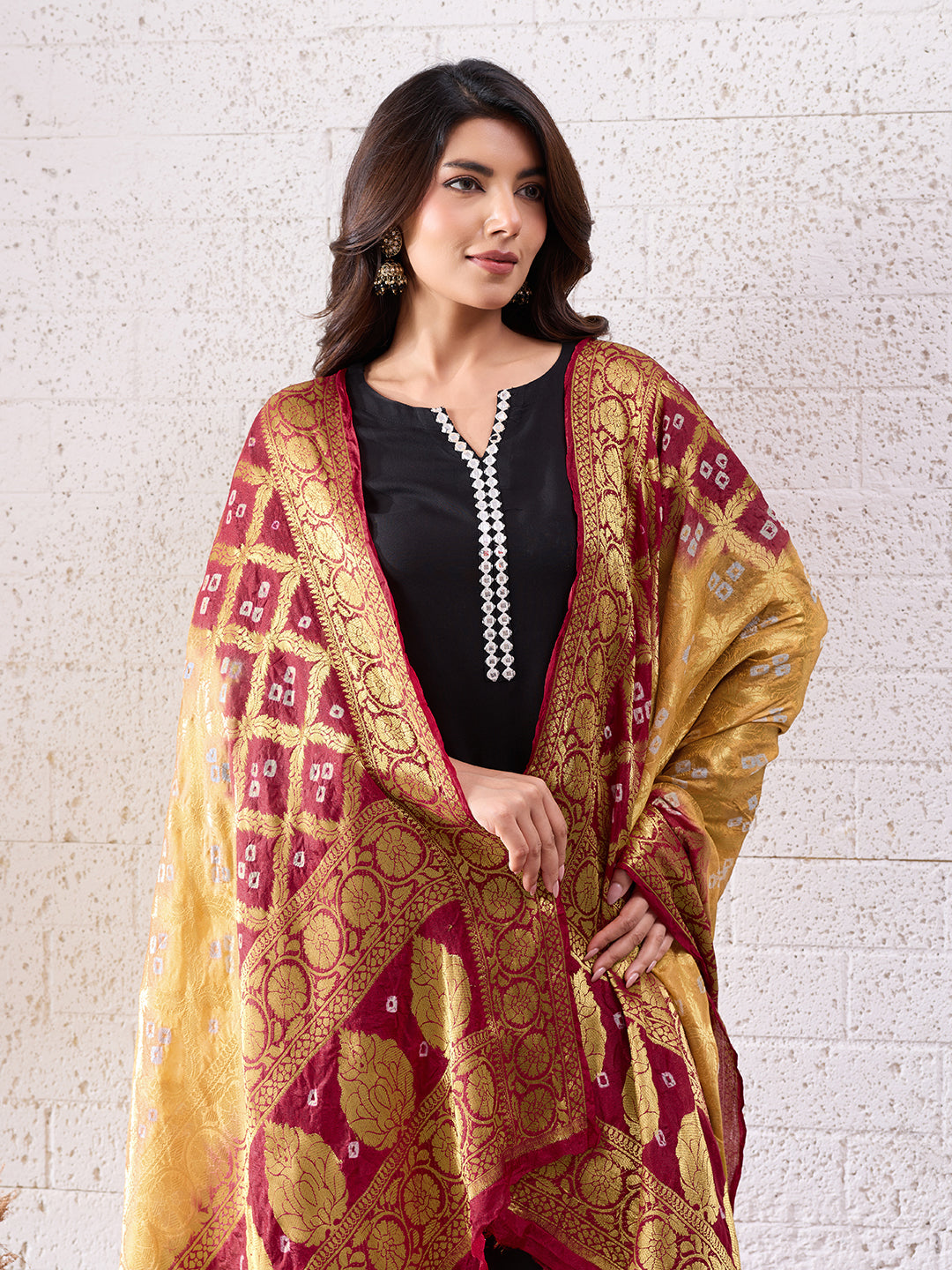 KcPc Banarasi Bandhej Gharchola Dupattas, OR, KC Gold RedKcPc Special Silk Bandhani Dupatta with Handmade WorkSA