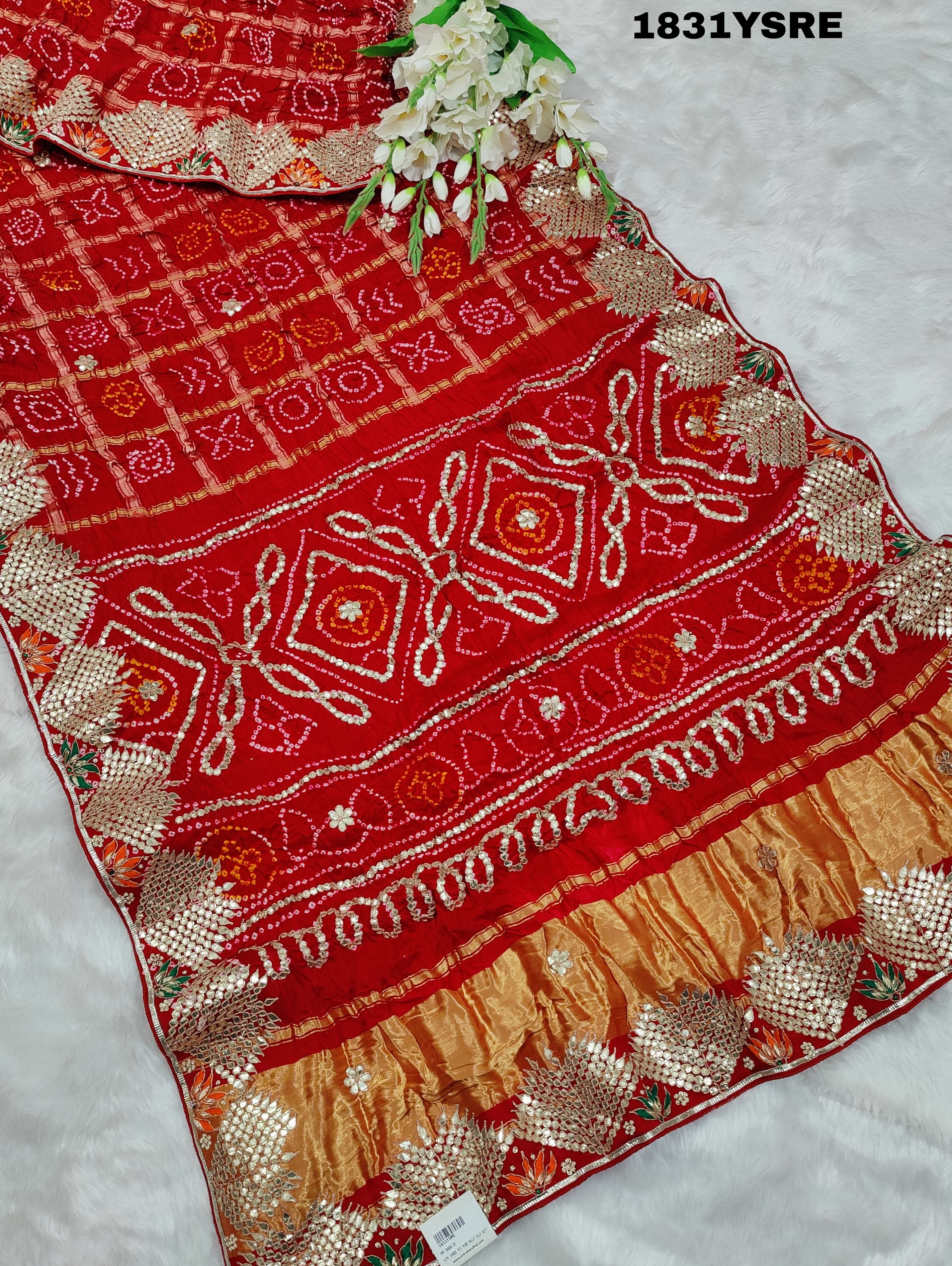 Gaji Silk Bandhani Gharchola Gotapatti Work Saree in red colour for weddings