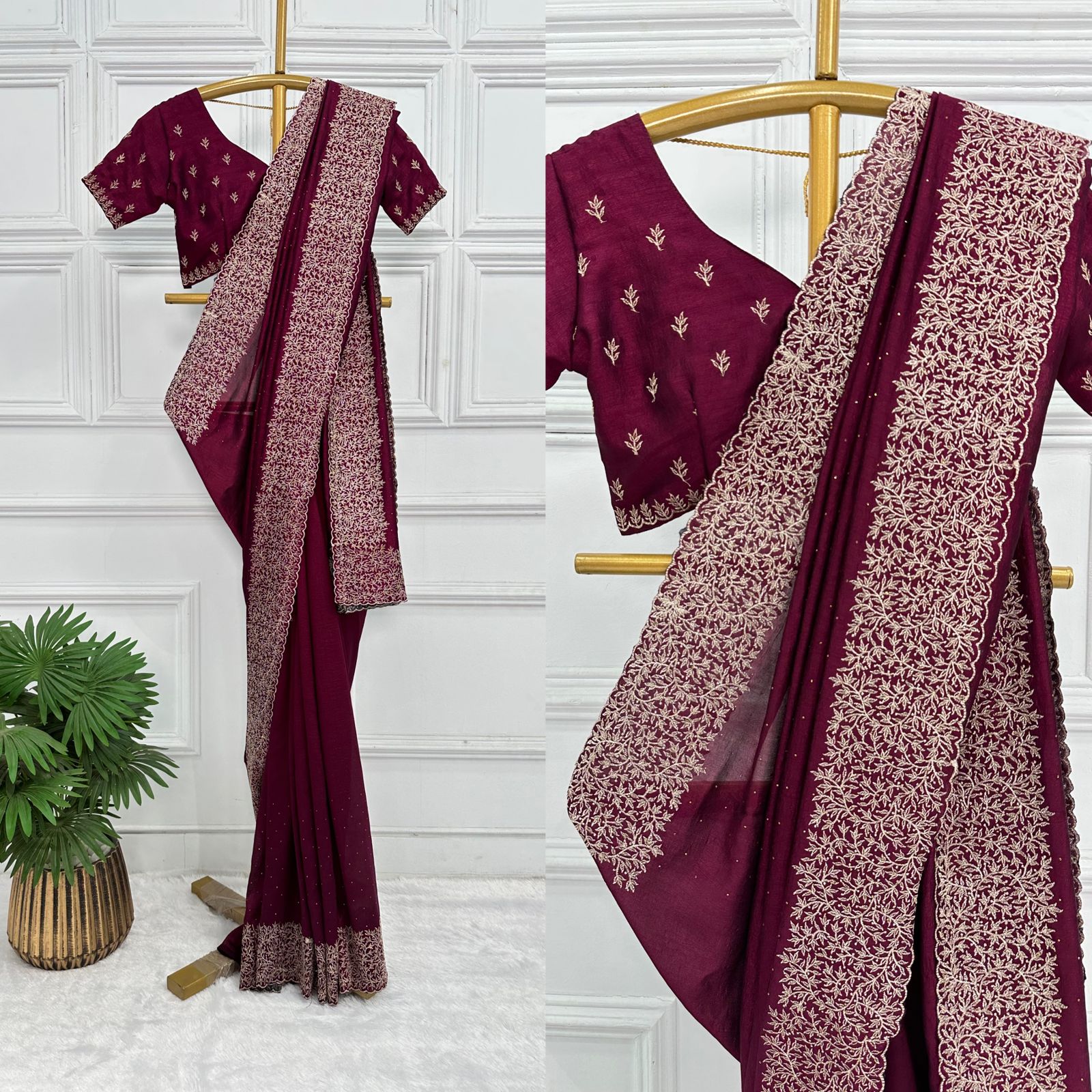 wine Vichitra silk saree with embroidery under 2000