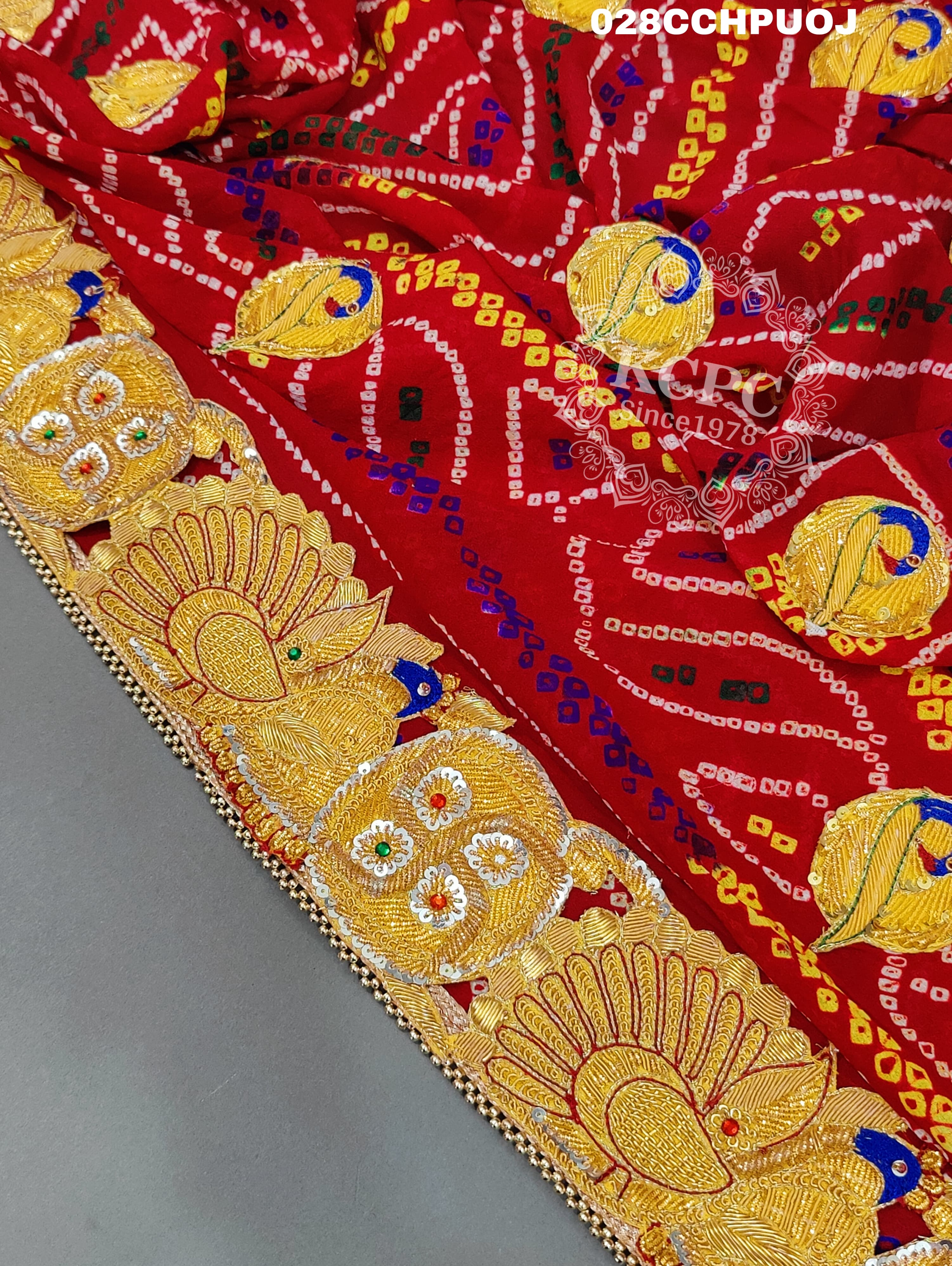 KcPc Latest Ethnic Indian Marriage Bridal Chunri Pila Odhna in peacock belbuti work Chunri (Pure Ojariya Fabric)