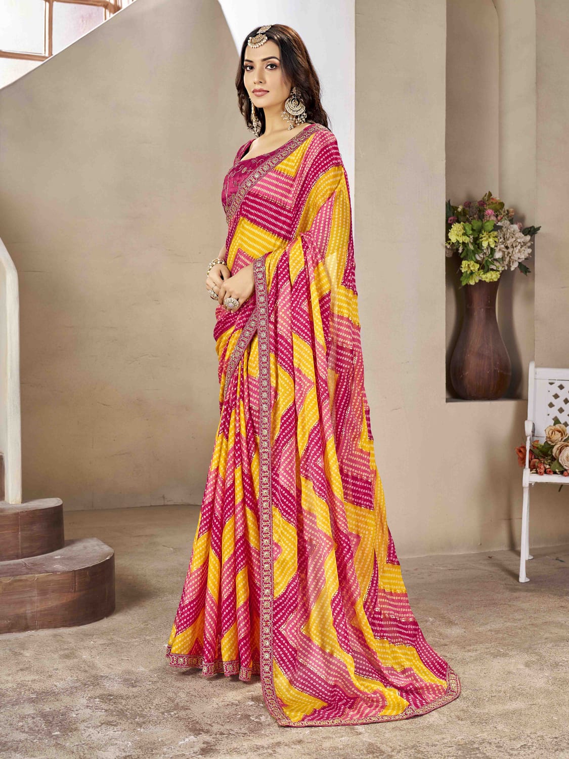 Zig Zag Foil Print Bandhani style saree