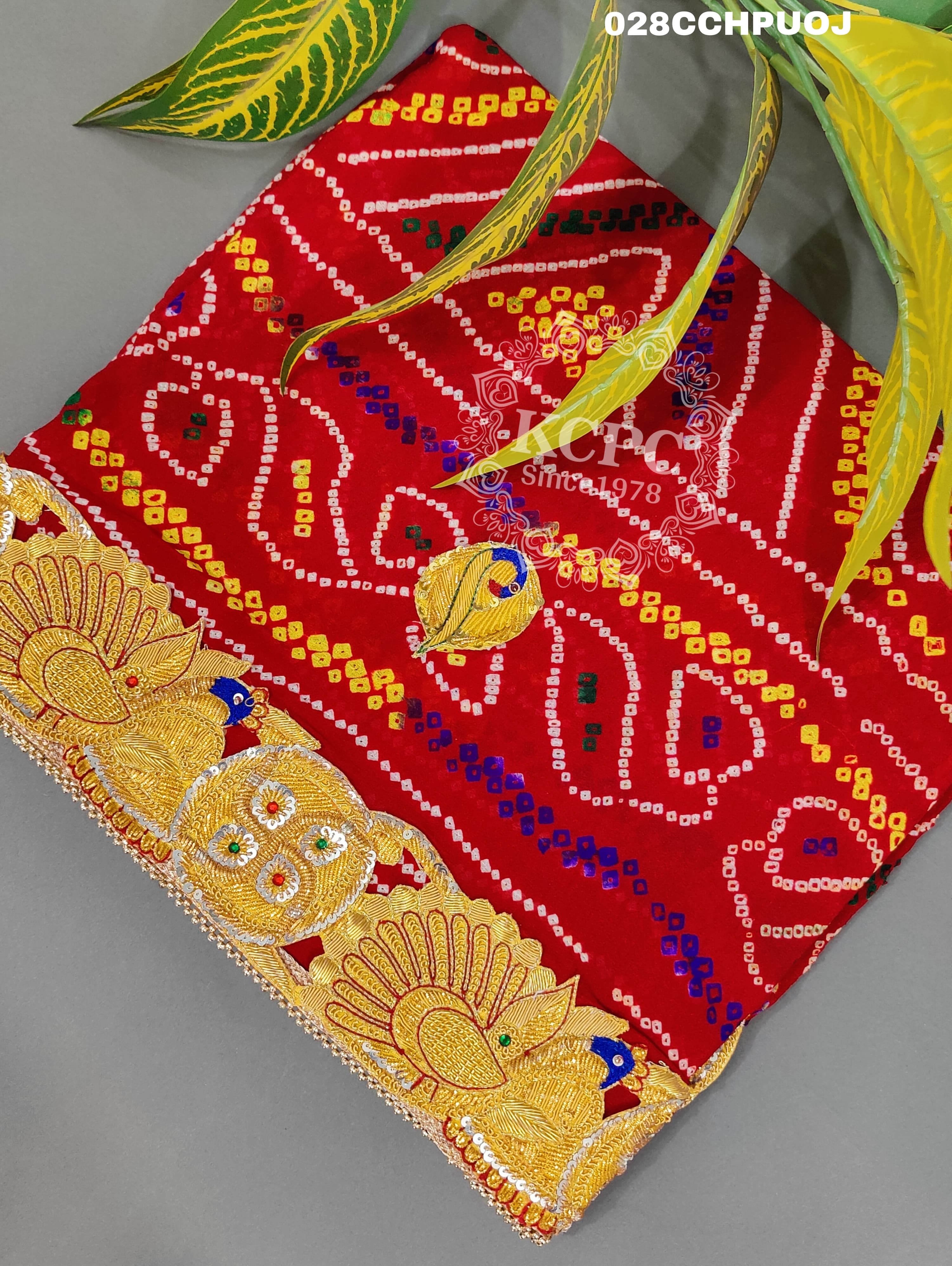 KcPc Latest Ethnic Indian Marriage Bridal Chunri Pila Odhna in peacock belbuti work Chunri (Pure Ojariya Fabric)