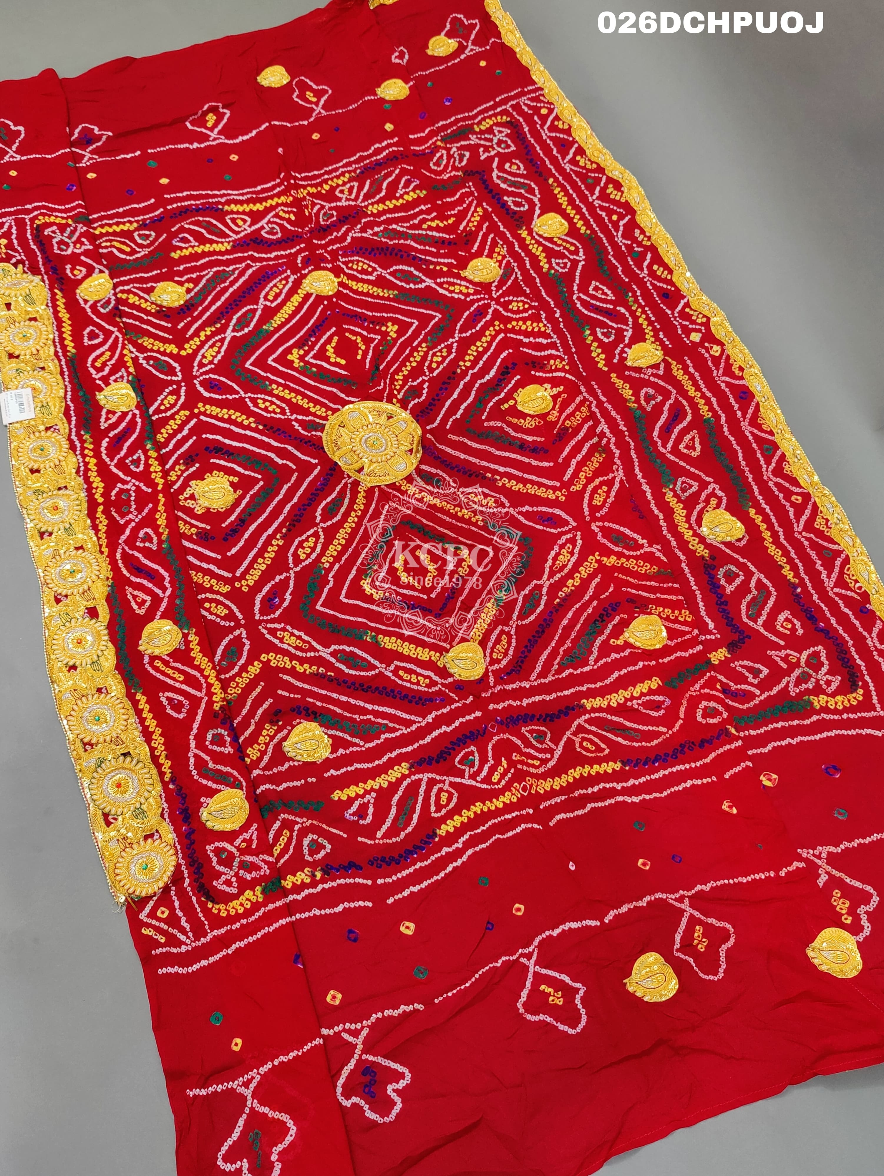 KcPc Marriage Purpose Chunri Pilia Dupatta 1.5 pat Traditional Chakra Belbuti Chunri (Pure Ojariya Fabric)