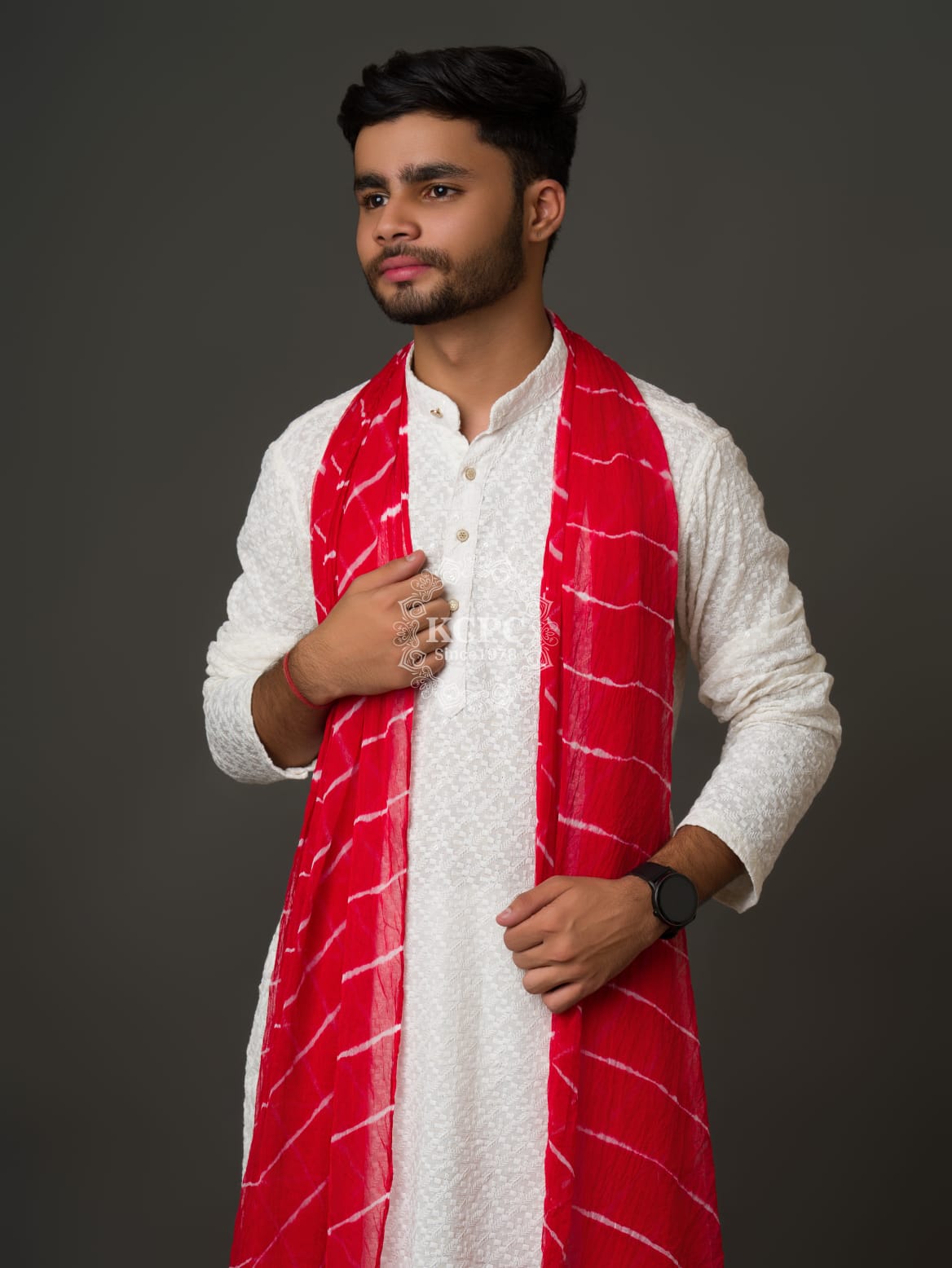 KcPc Original Handmade Chiffon Leheriya Gent's Dupatta Red
