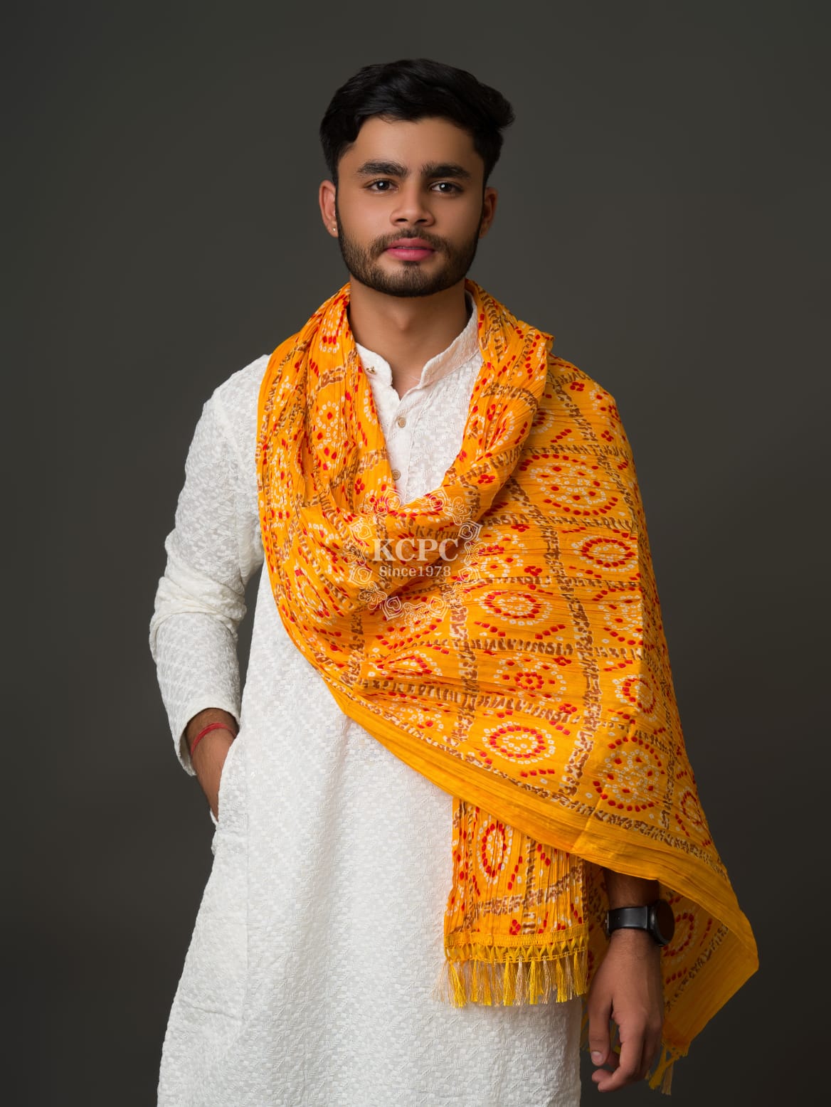 KcPc Chinon Bandhani Print Gent's yellow DupattaRAY