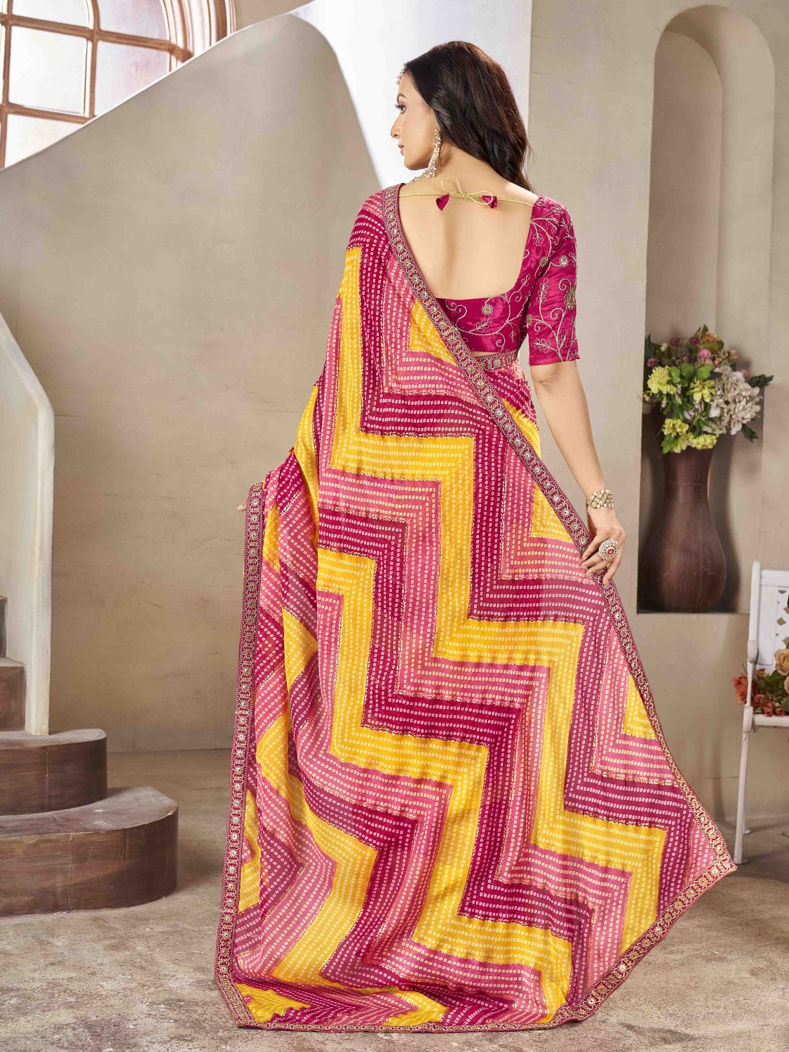 Zig Zag Foil Print Bandhani style saree