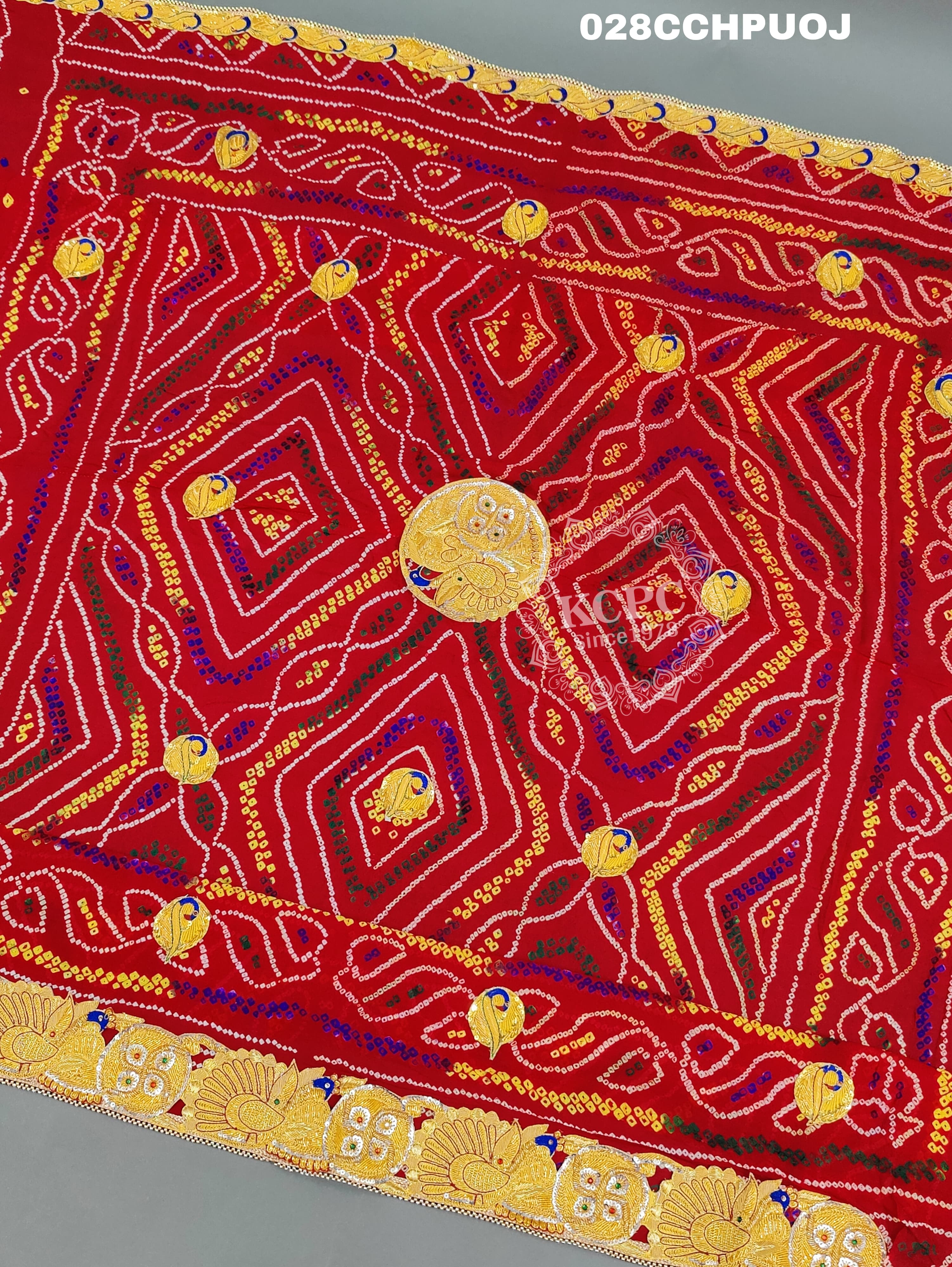 KcPc Latest Ethnic Indian Marriage Bridal Chunri Pila Odhna in peacock belbuti work Chunri (Pure Ojariya Fabric)