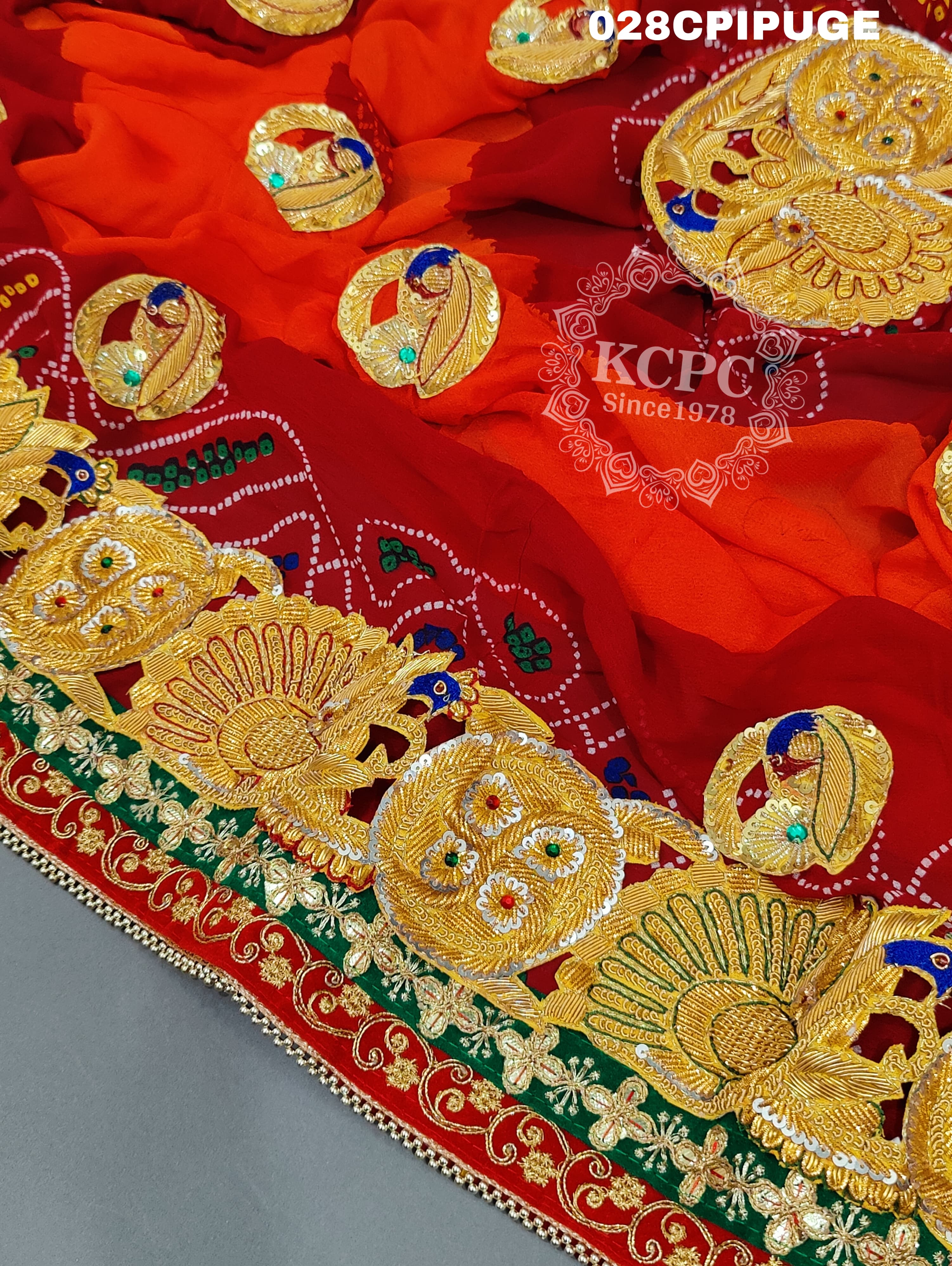 KcPc Latest Ethnic Indian Marriage Bridal Chunri Pila Odhna in Peacock Belbuti workPila (Pure Georgette Fabric)