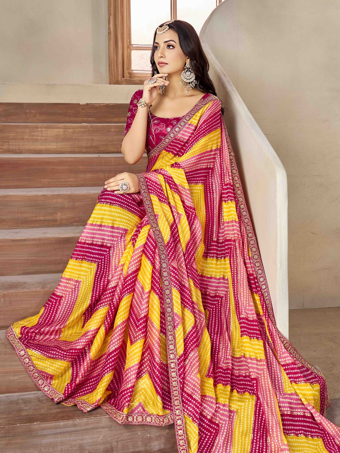 Zig Zag Foil Print Bandhani style saree