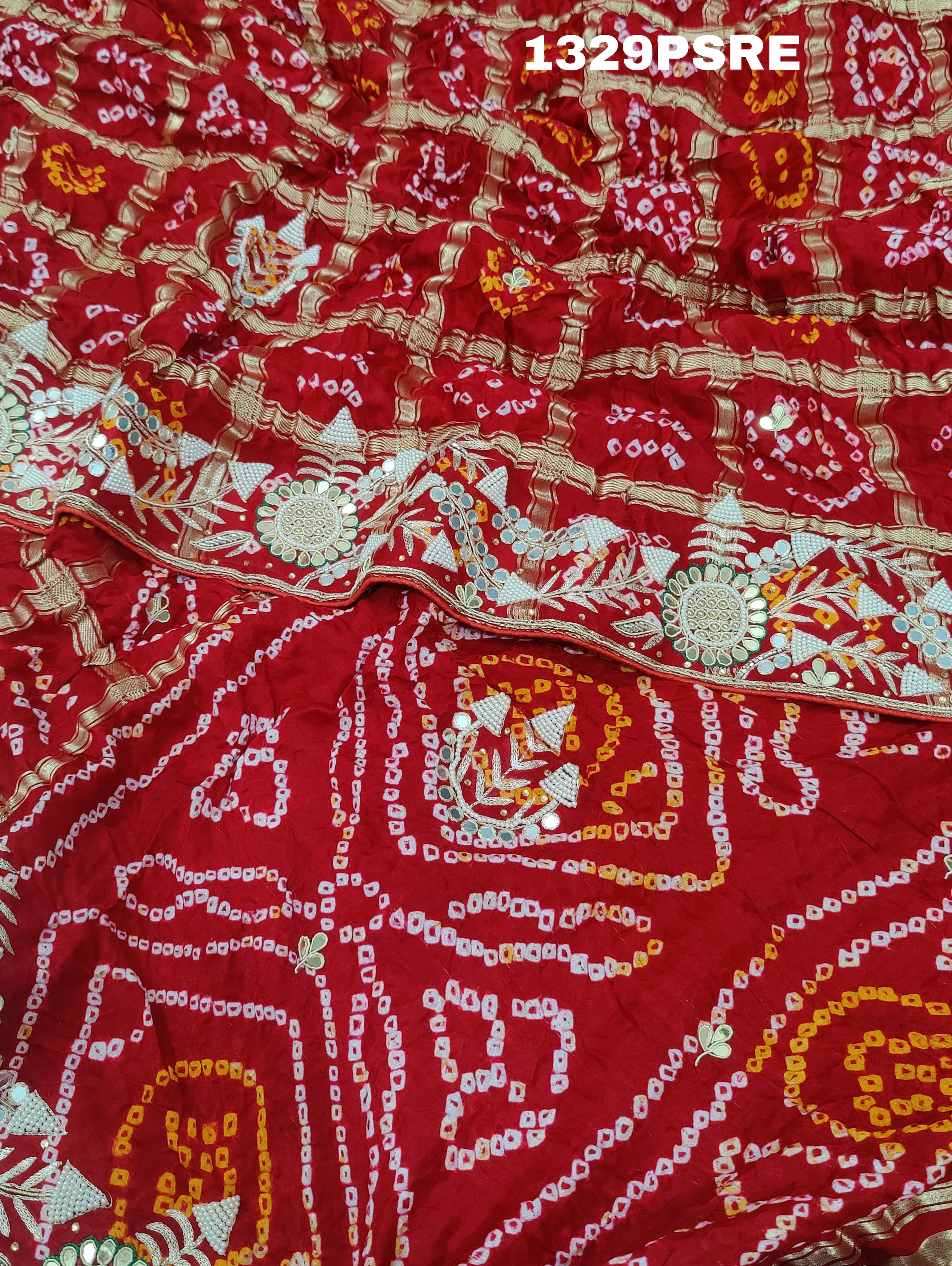 Gaji Silk Gharchola with white Cutdana Beads Mirror work Saree