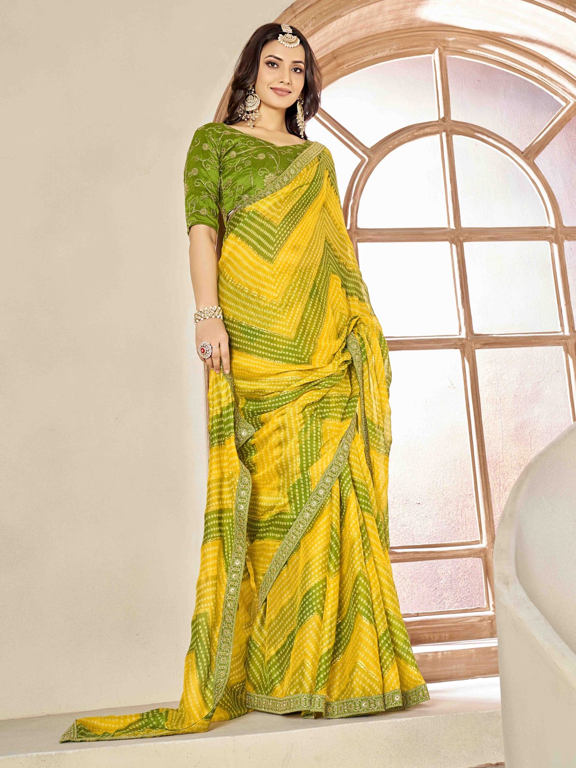 Chiffon Zig Zag foil print bandhani saree in yellow colour