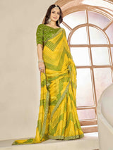 Chiffon Zig Zag foil print bandhani saree in yellow colour