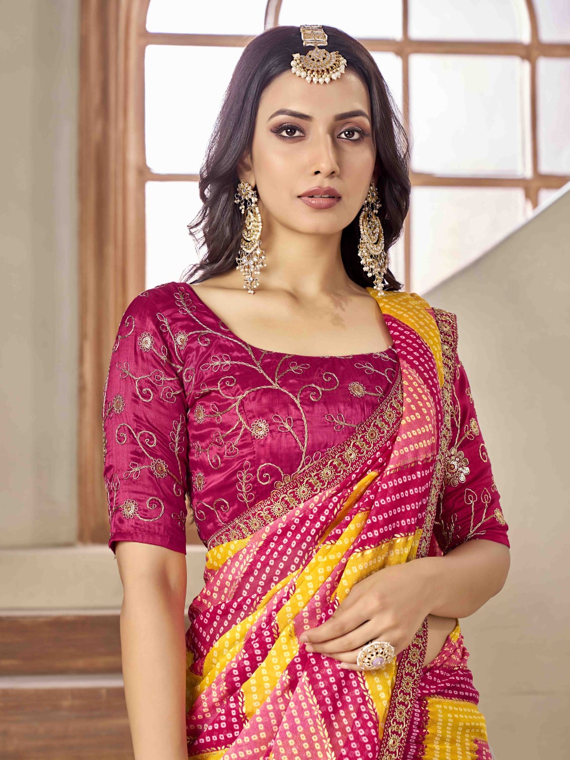 Zig Zag Foil Print Bandhani style saree